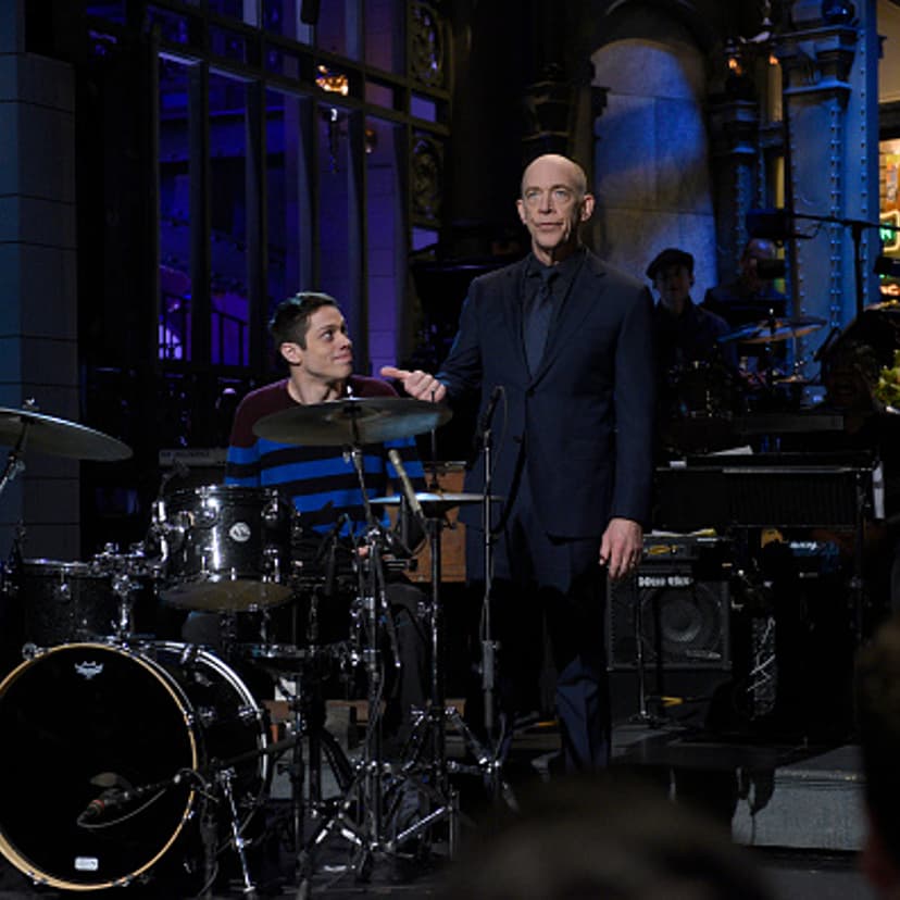 Pete Davidson (L) and J.K. Simmons (R) during the monologue on "J.K. Simmons episode" of "Saturday Night Live" on Jan. 31, 2015.