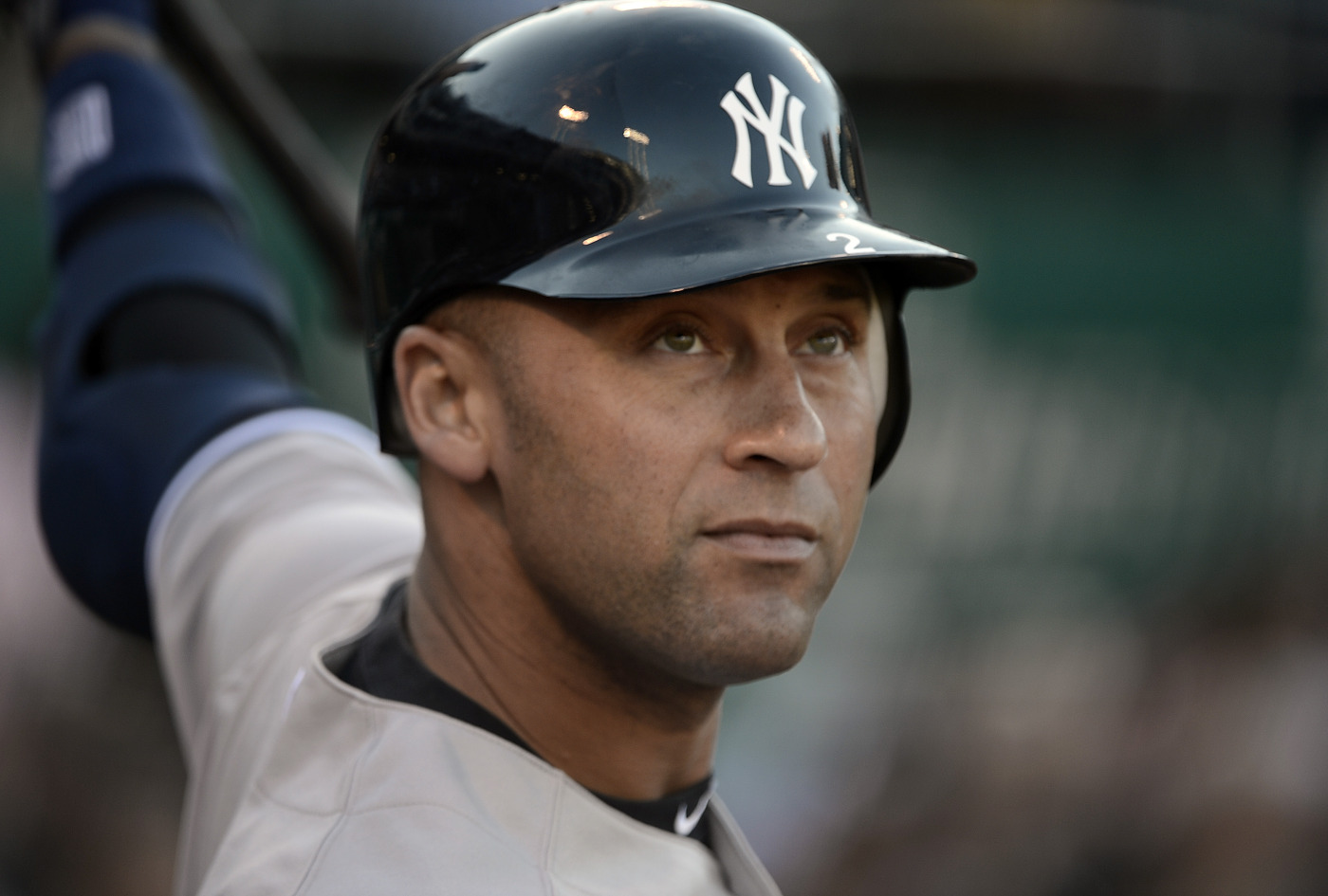 Derek Jeter #2 of the New York Yankees looks on from the on-deck circle in the first inning against the Oakland Athletics at O.co Coliseum on July 19, 2012 in Oakland, California.