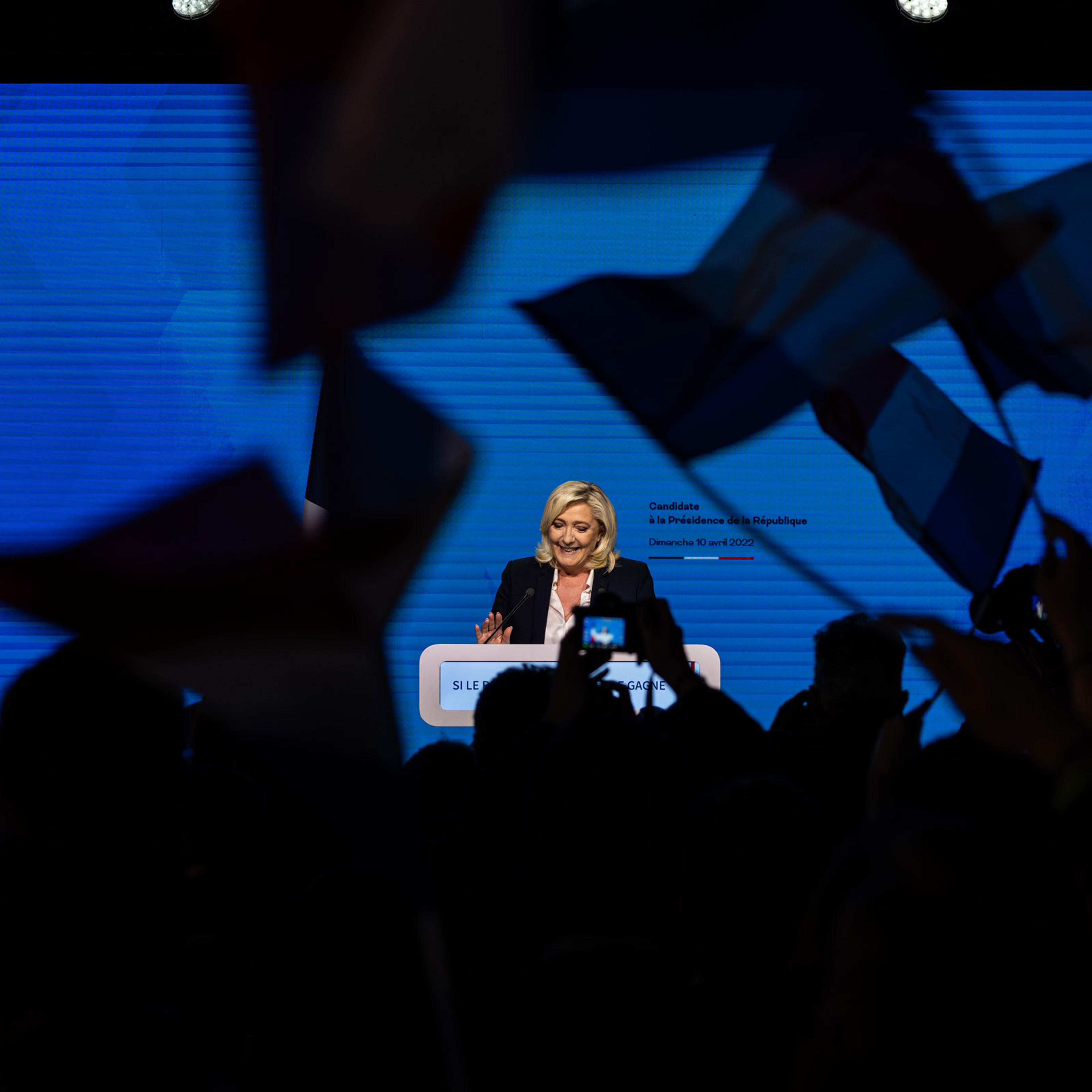 Marine Le Pen speaks during an election night event