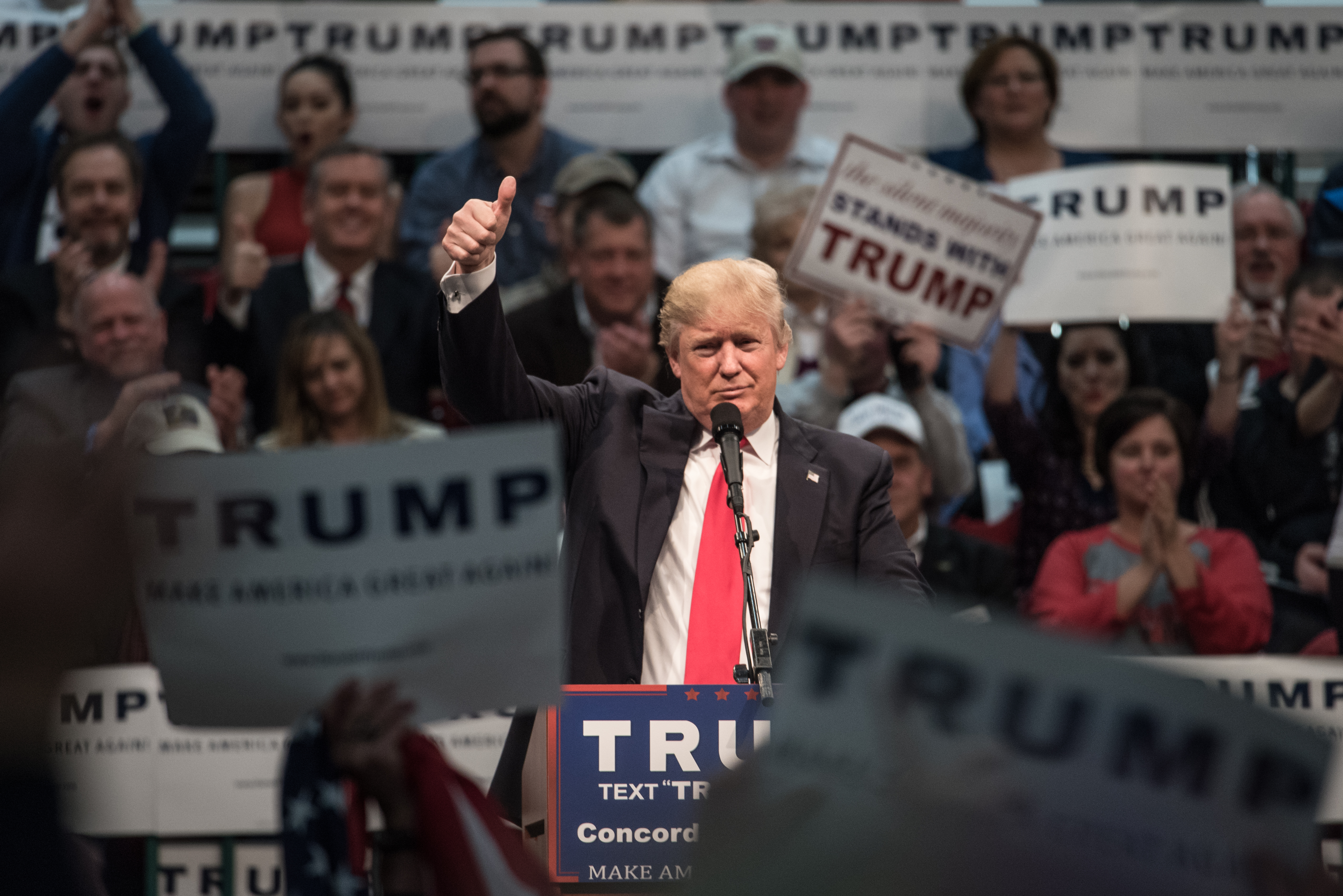 Republican presidential candidate Donald Trump addresses the crowd at a campaign rally on March 7 in Concord, N.C.