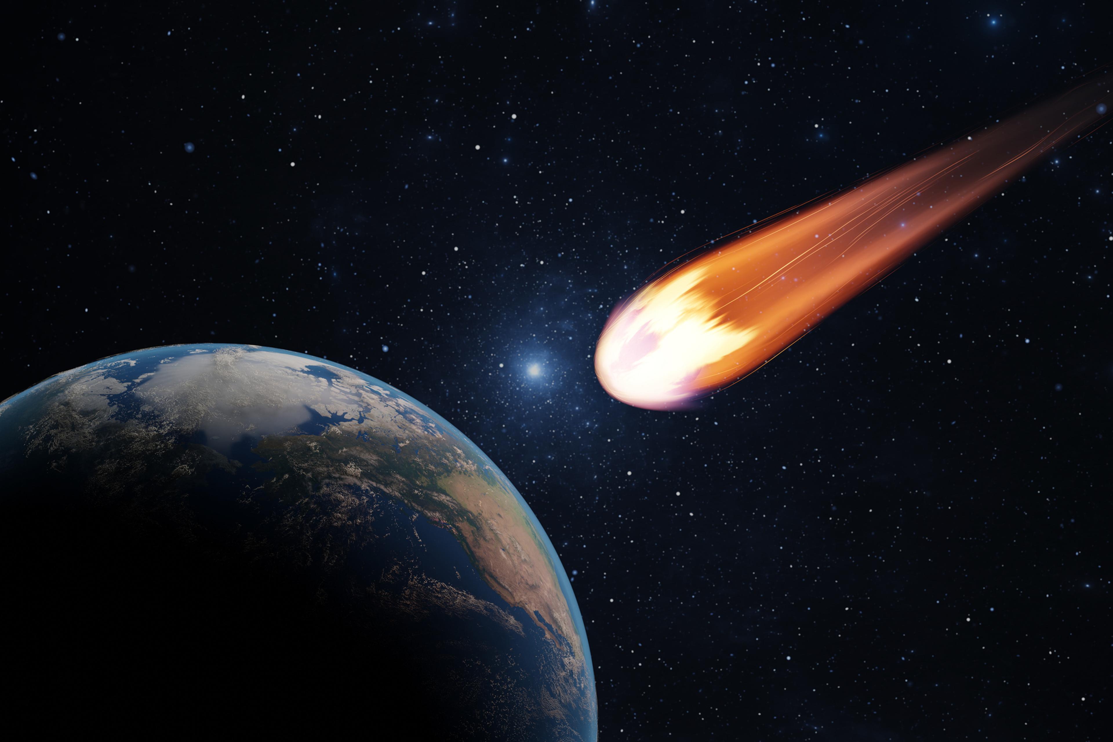 Asteroid, fall of comet to earth, Armageddon disaster, danger meteorite. Huge fiery comet is flying in space towards Earth. 3d render. Elements of this image furnished by NASA. 3d render