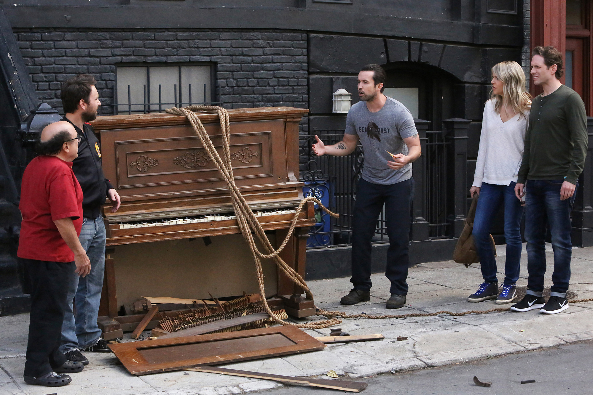 From left: Danny DeVito as Frank, Charlie Day as Charlie, Rob McElhenney as Mac, Kaitlin Olson as Dee, and Glenn Howerton as Dennis in It's Always Sunny In Philadelphia.