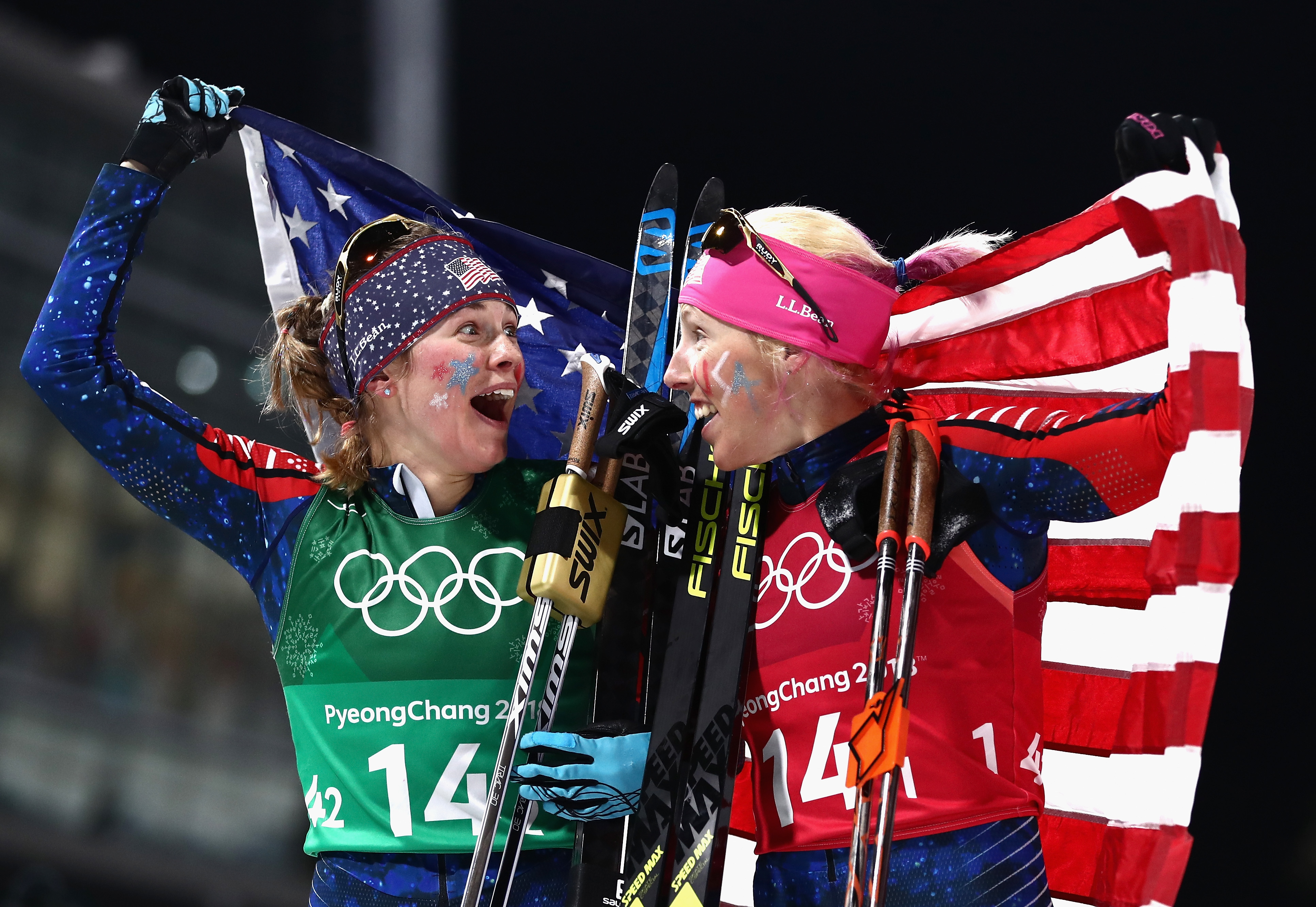 Jessica Diggins of the United States (L) and Kikkan Randall of the United States