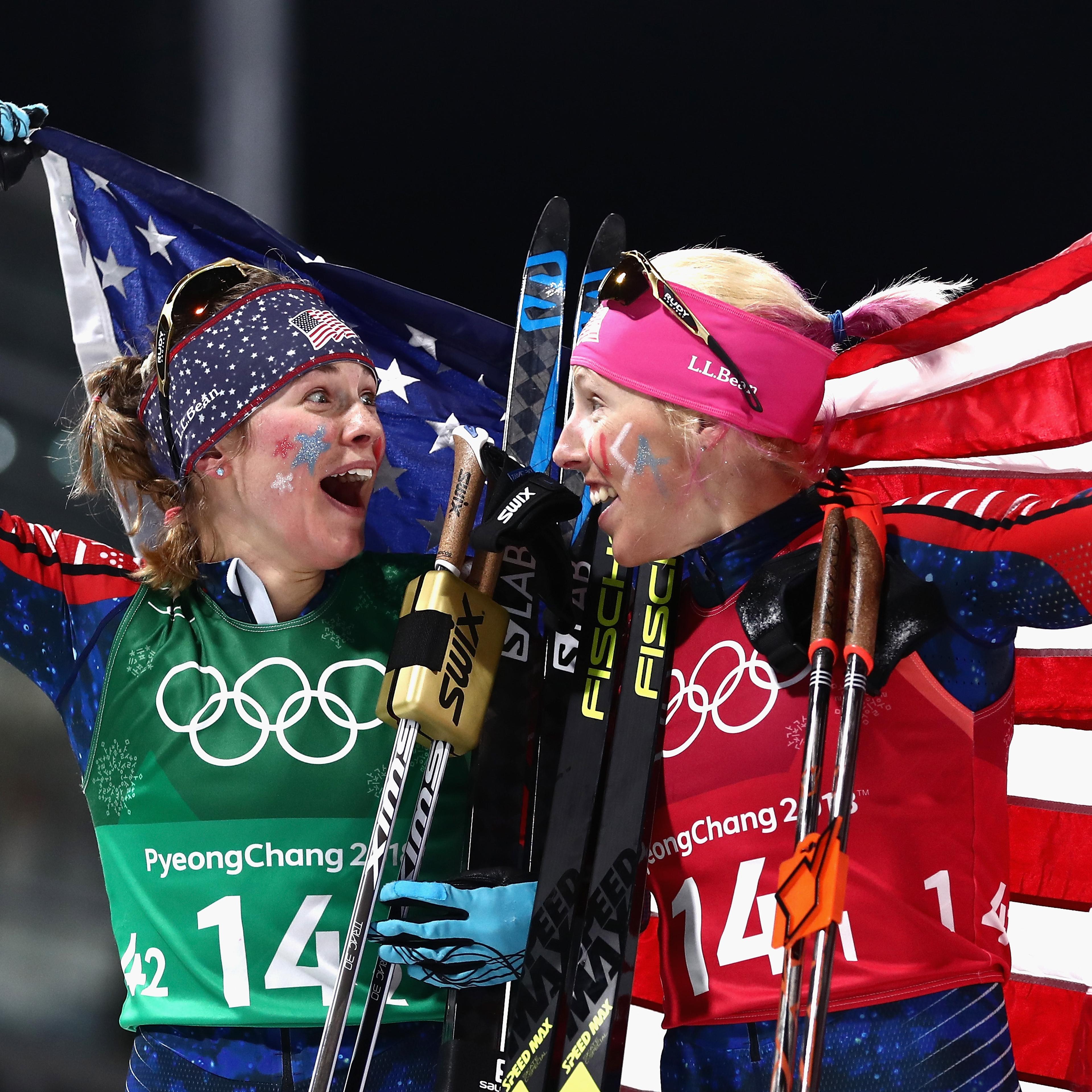 Jessica Diggins of the United States (L) and Kikkan Randall of the United States