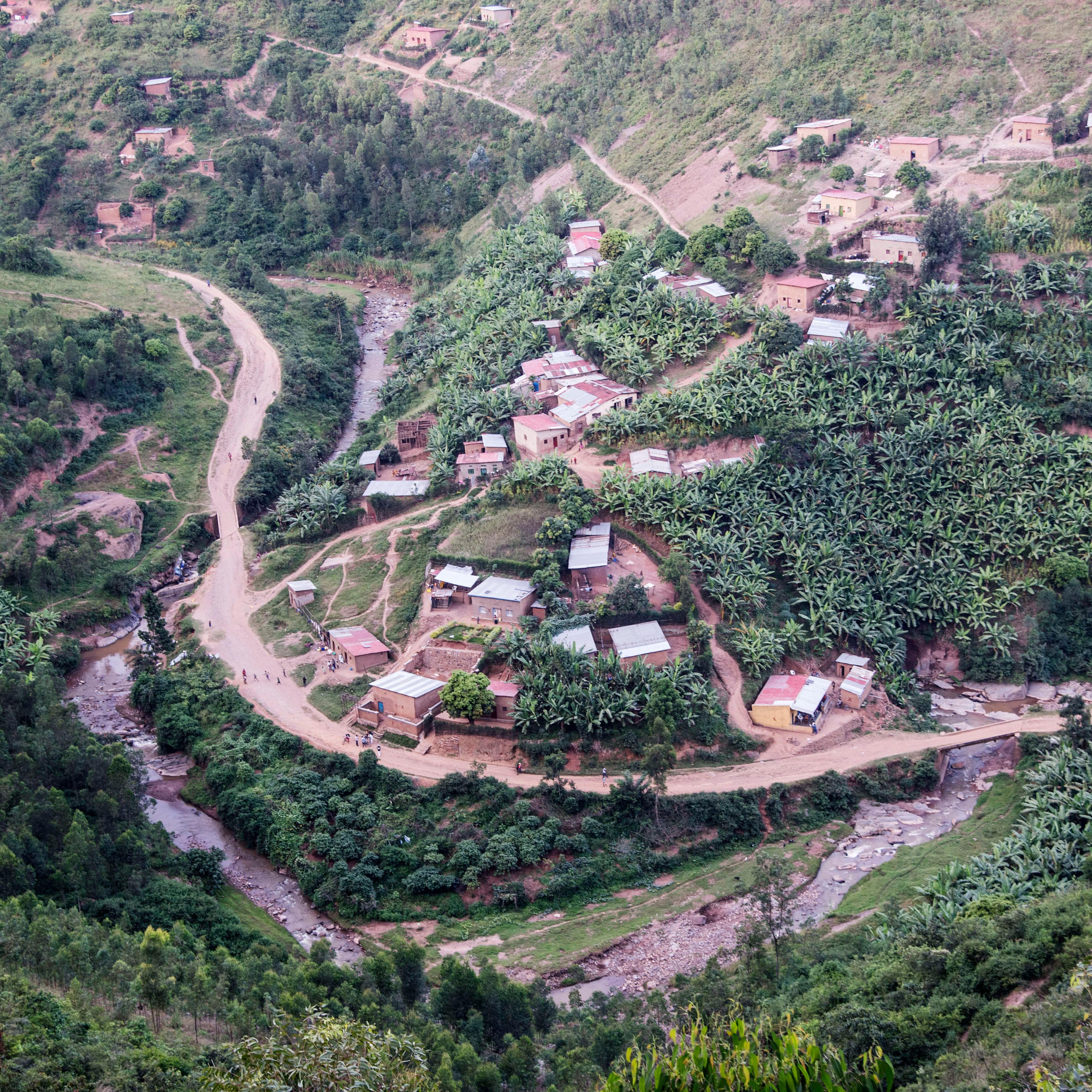 A view of a valley along the road from the west near Kigali