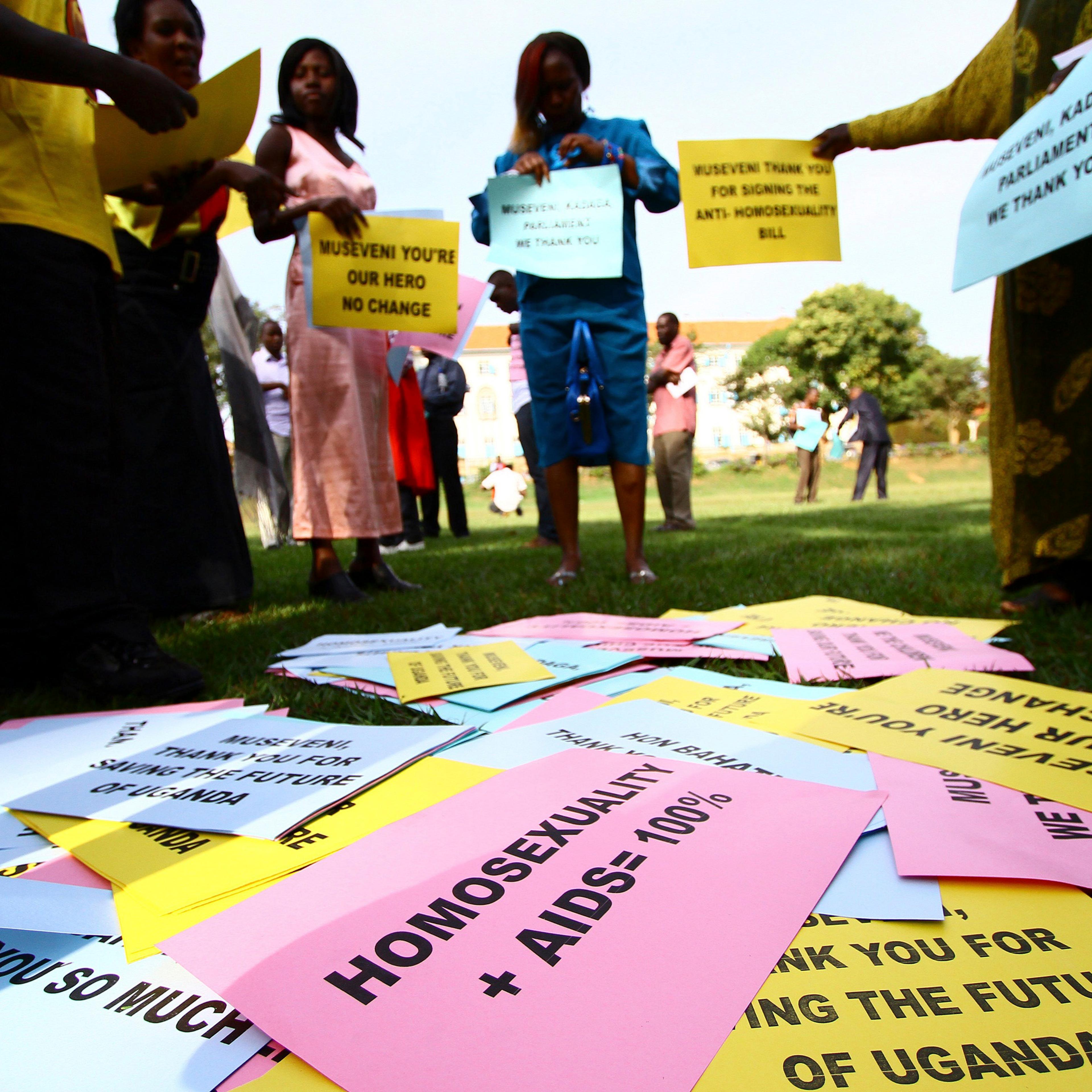 Supporters of the anti-gay law prepare for a procession backing the signing of the anti-gay bill into law, in Kampala