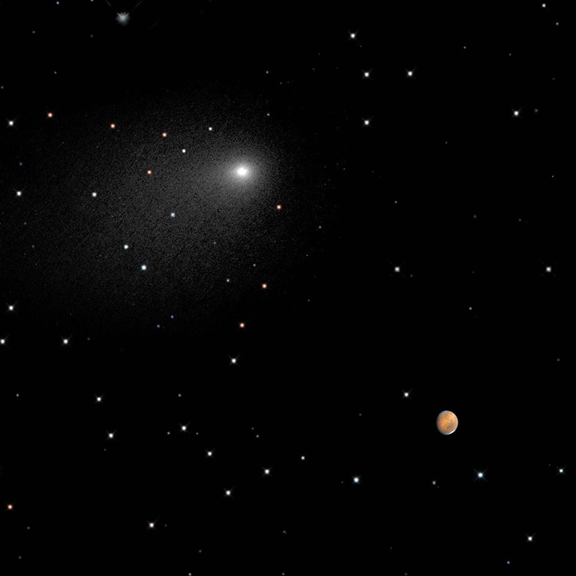 This composite image captures the positions of comet 'Siding Spring' and Mars in a never-before-seen close passage of a comet by the Red Planet, on Oct. 19, 2014.