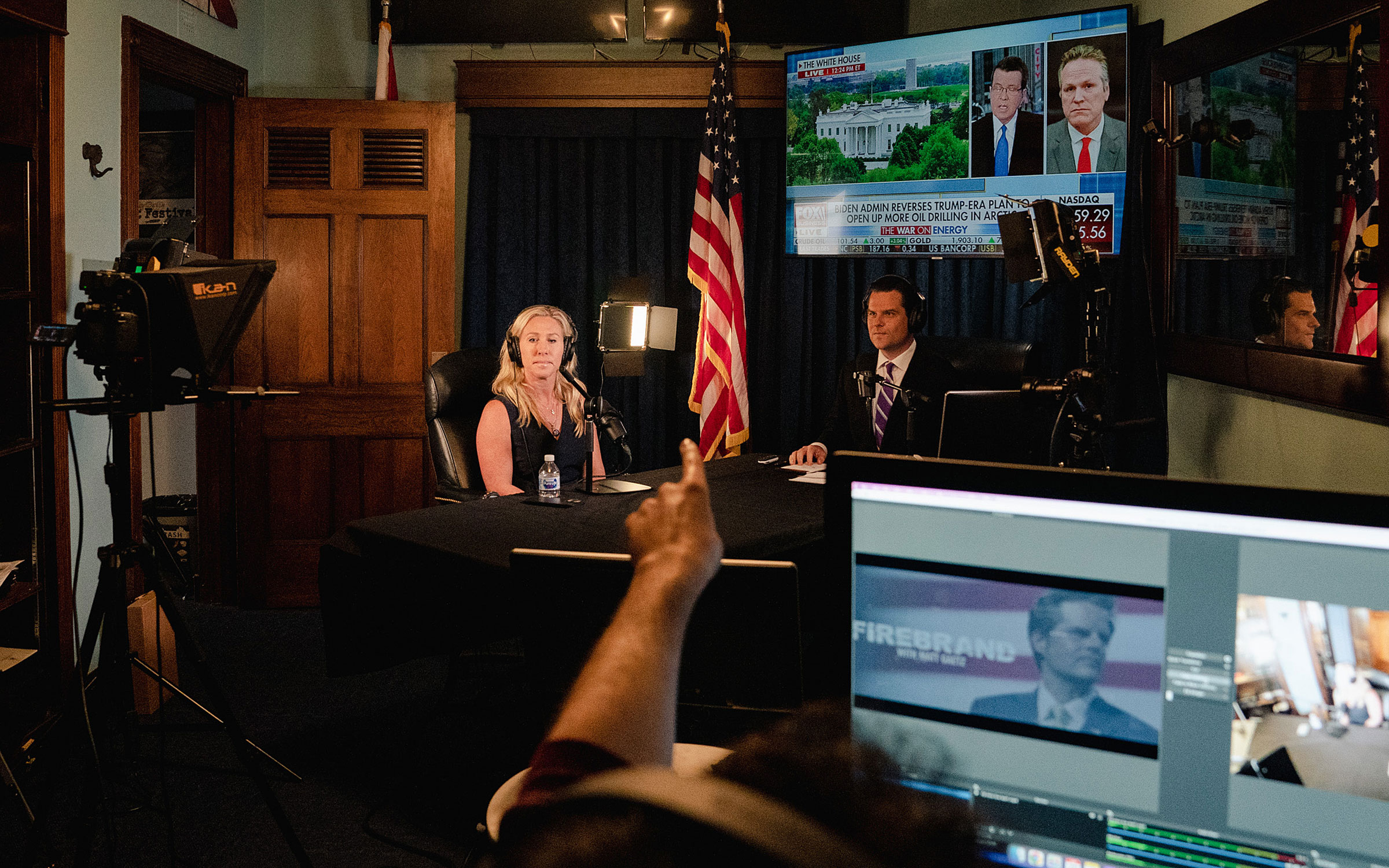 Reps. Marjorie Taylor Greene and Matt Gaetz tape an episode of Gaetz's "Firebrand" podcast in Gaetz's Washington office