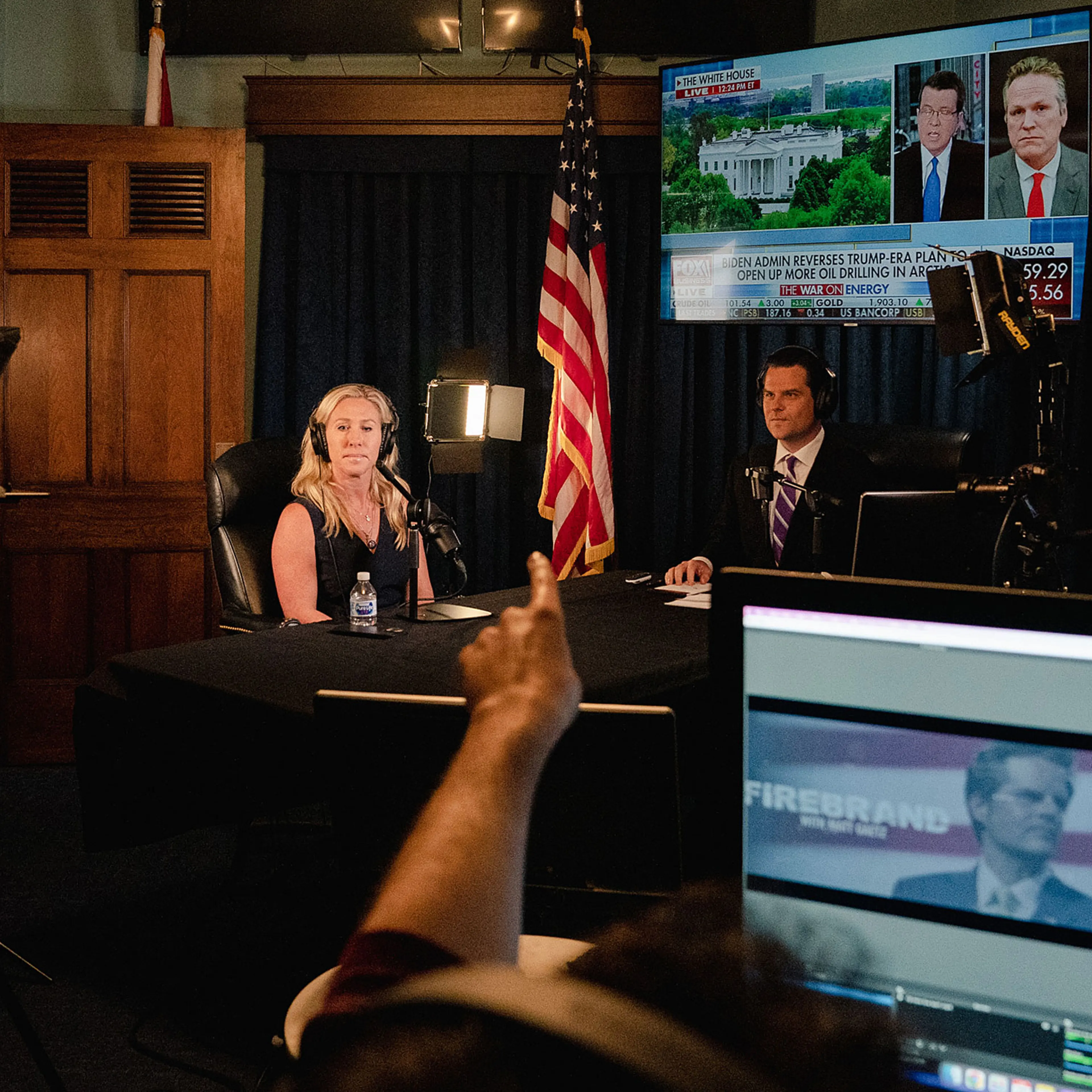 Reps. Marjorie Taylor Greene and Matt Gaetz tape an episode of Gaetz's "Firebrand" podcast in Gaetz's Washington office