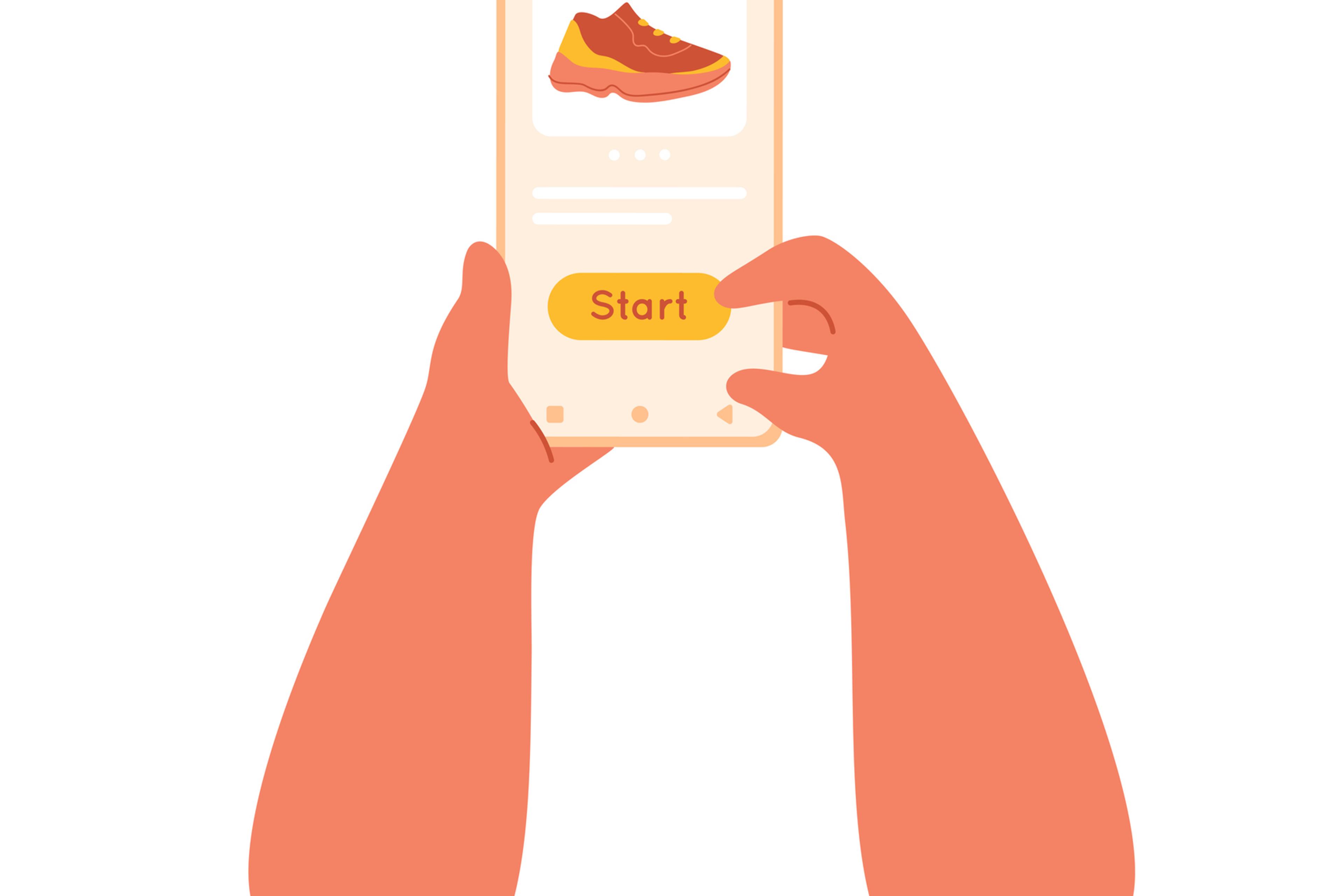 Hands hold phone, choosing virtual sneakers and press button start. Move 2 earn concept.