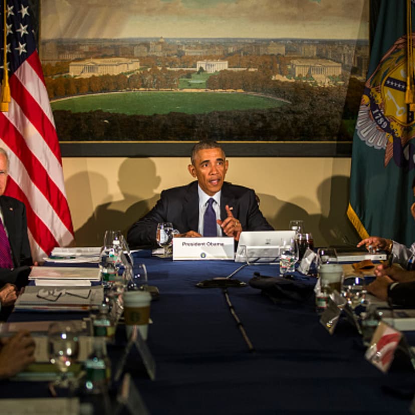 President Barack Obama, along with Vice President Joe Biden, meets with his National Security Council, including FBI Director James Comey, Homeland Security Secretary Jeh Johnson and National Counterterrorism Center Director Nick Rasmussen, at the Treasu