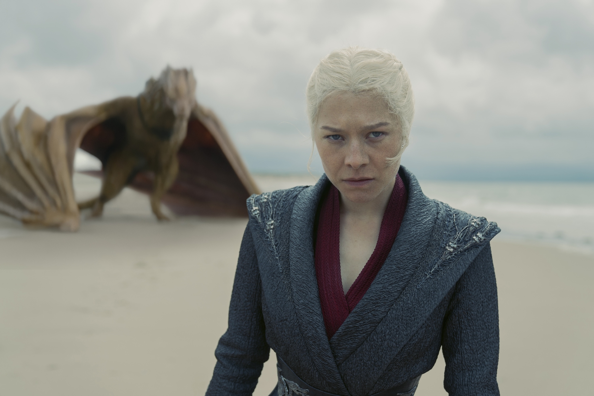 Emma D'Arcy as Rhaenyra with her dragon Syrax in <i>House of the Dragon</i>