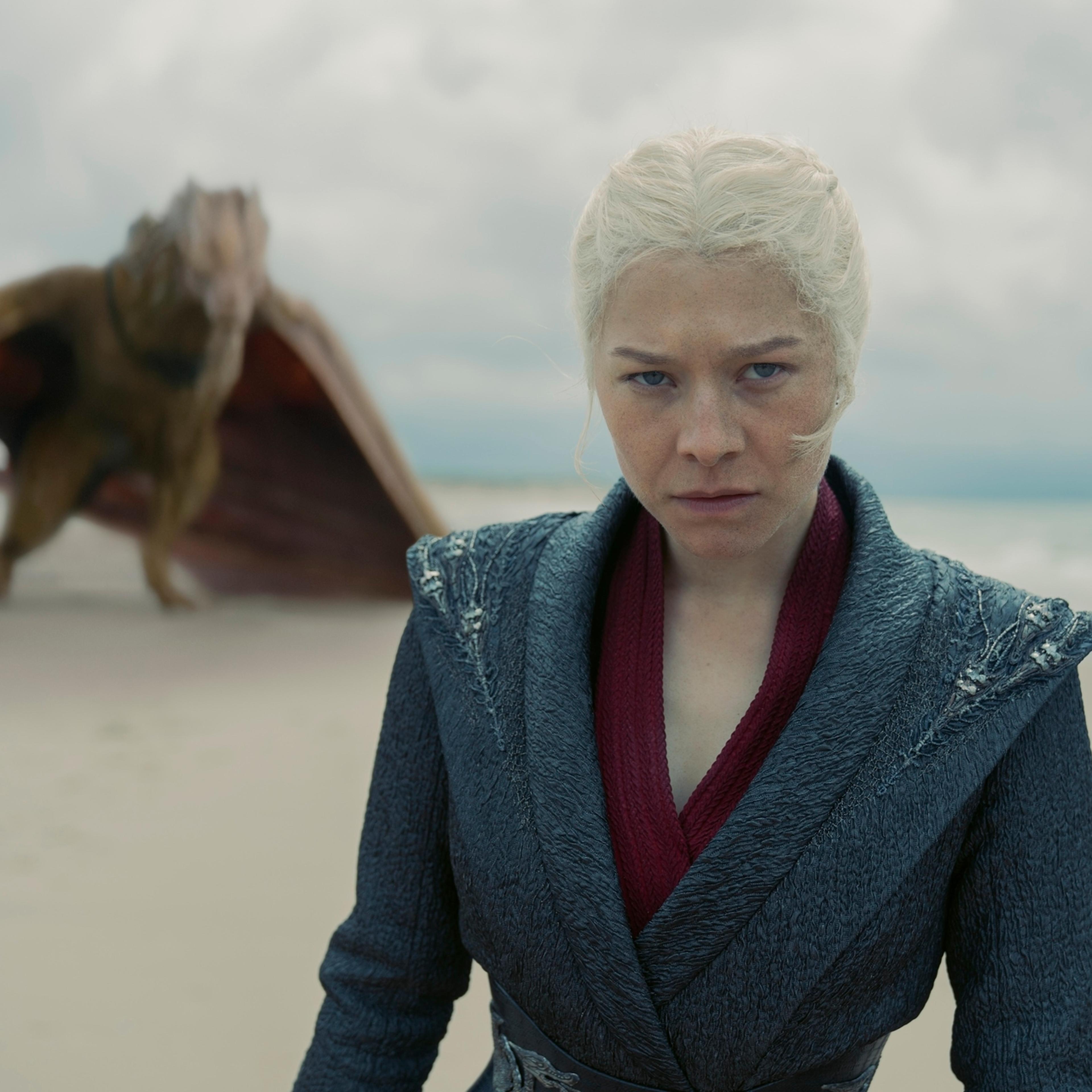 Emma D'Arcy as Rhaenyra with her dragon Syrax in <i>House of the Dragon</i>