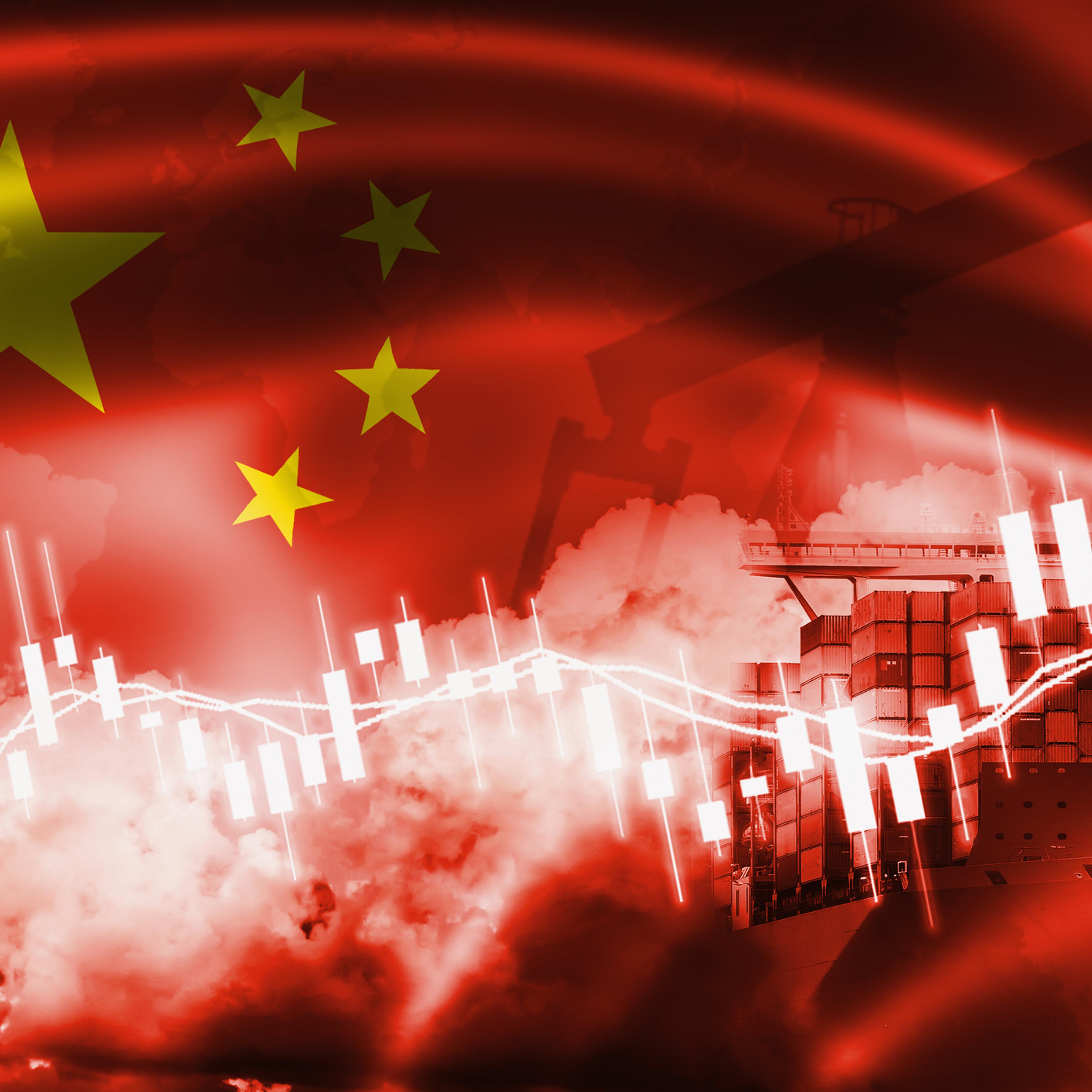 Peoples Republic of China flag, stock market, exchange economy and Trade, oil production, container ship in export and import business and logistics.