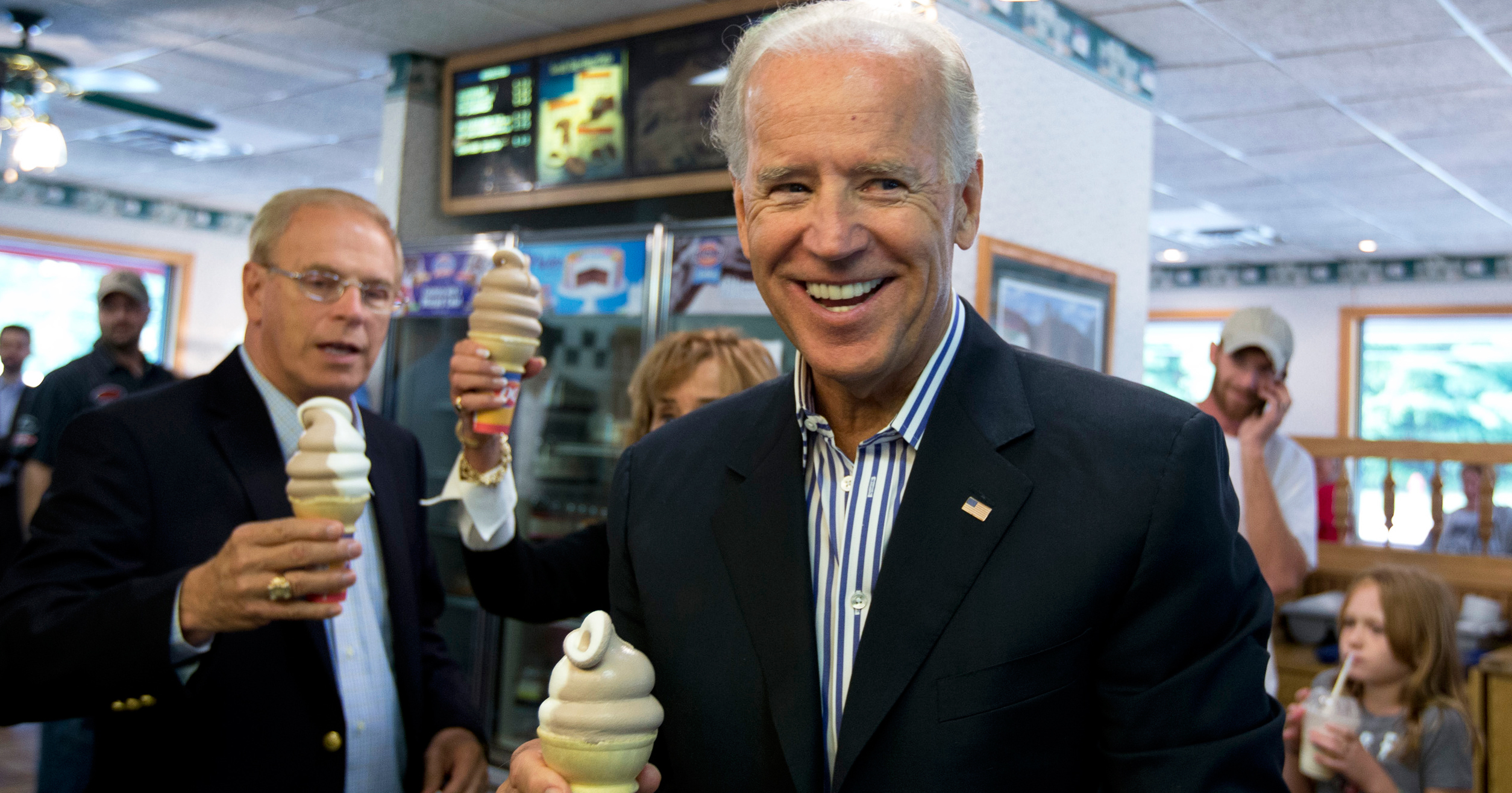 Vice President Joe Biden stops for an ice cream cone at a Dairy Queen with former Ohio Gov. Ted Strickland in Nelsonville, Ohio on Sept. 8, 2012.