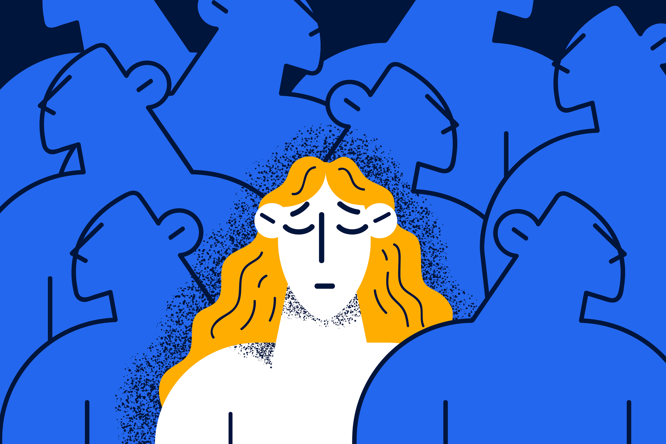Woman, who is frowning, singled-out in a crowd of blue shadows
