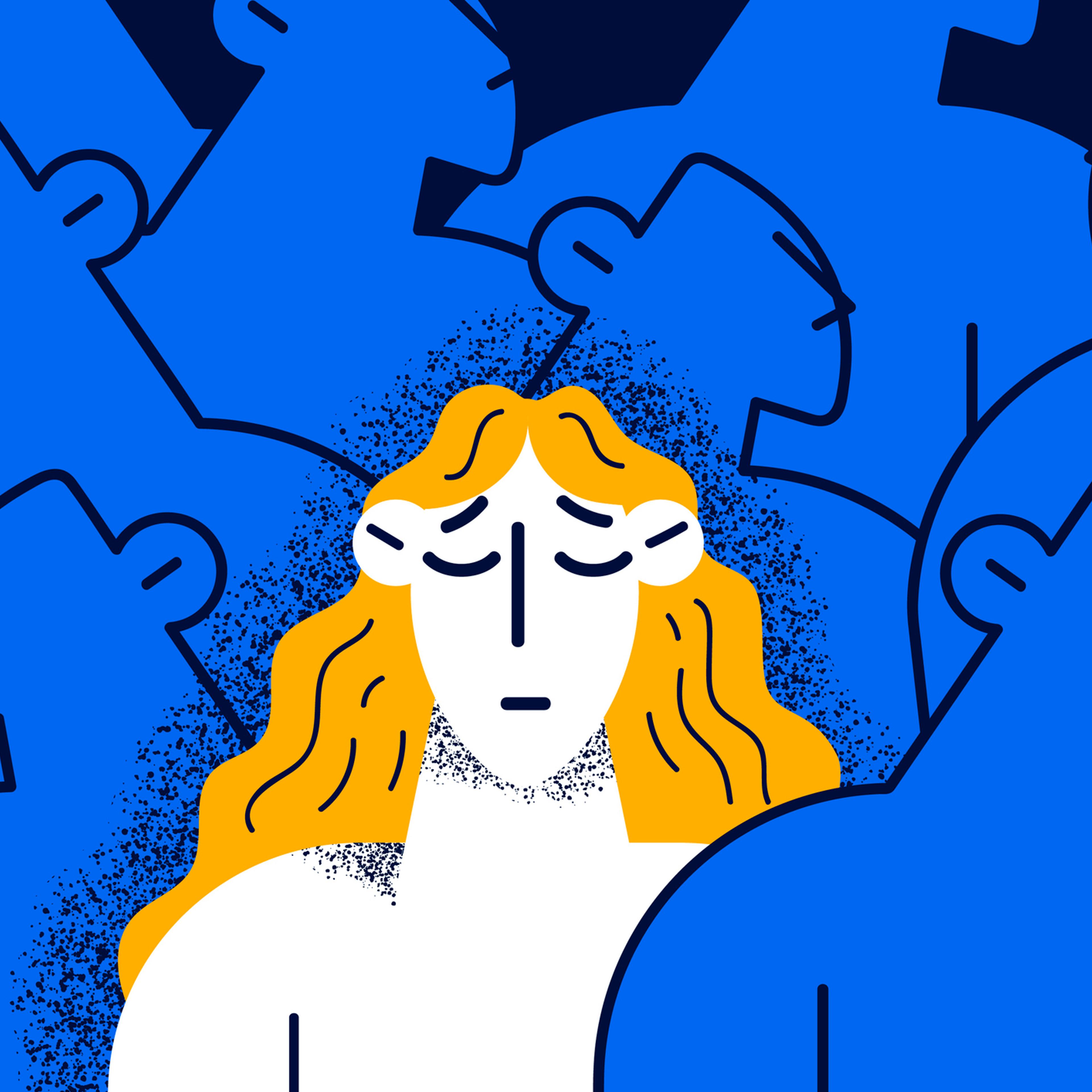 Woman, who is frowning, singled-out in a crowd of blue shadows