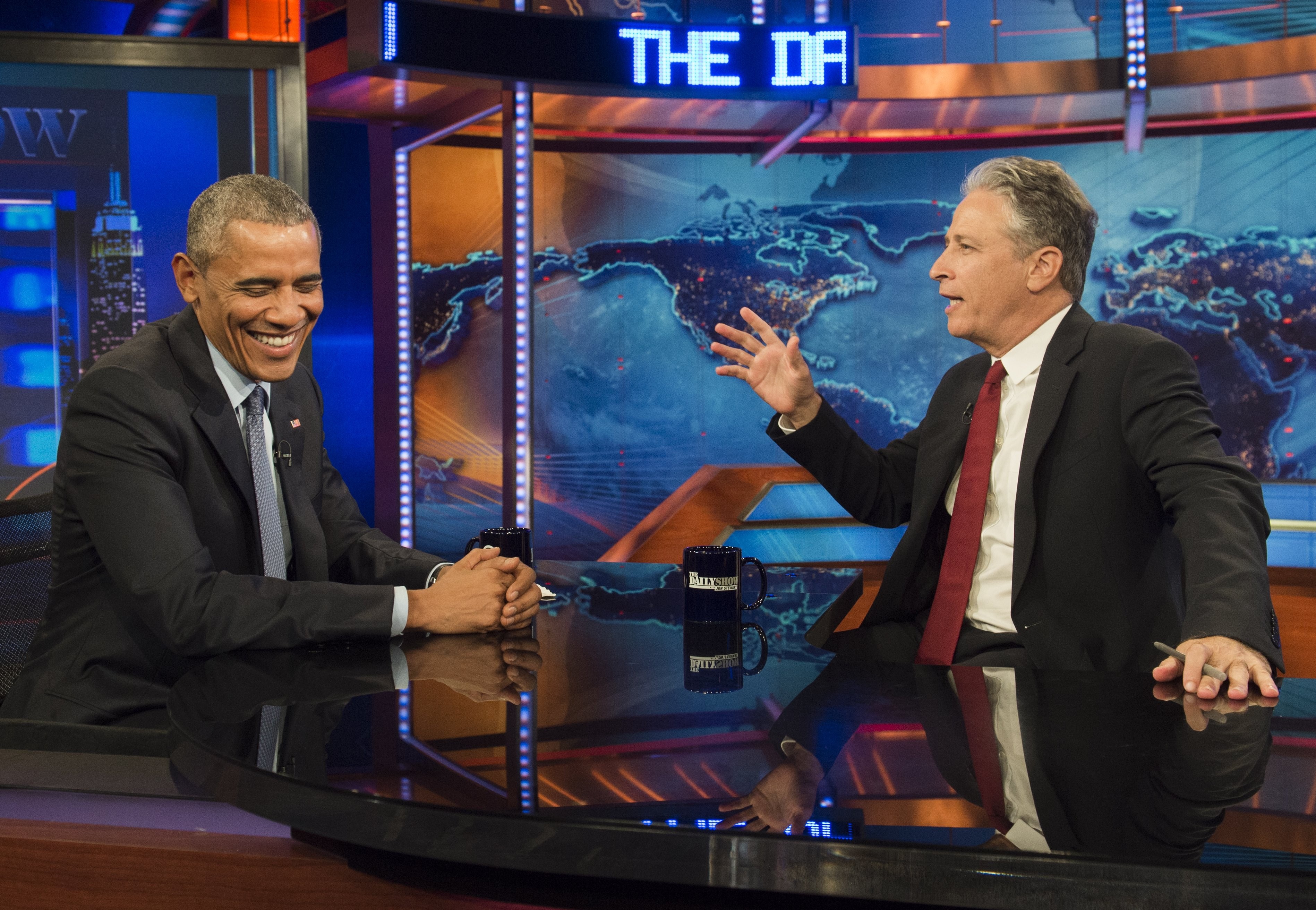 US President Barack Obama speaks with Jon Stewart, host of "The Daily Show with Jon Stewart," during a taping of the show in New York on July 21, 2015.