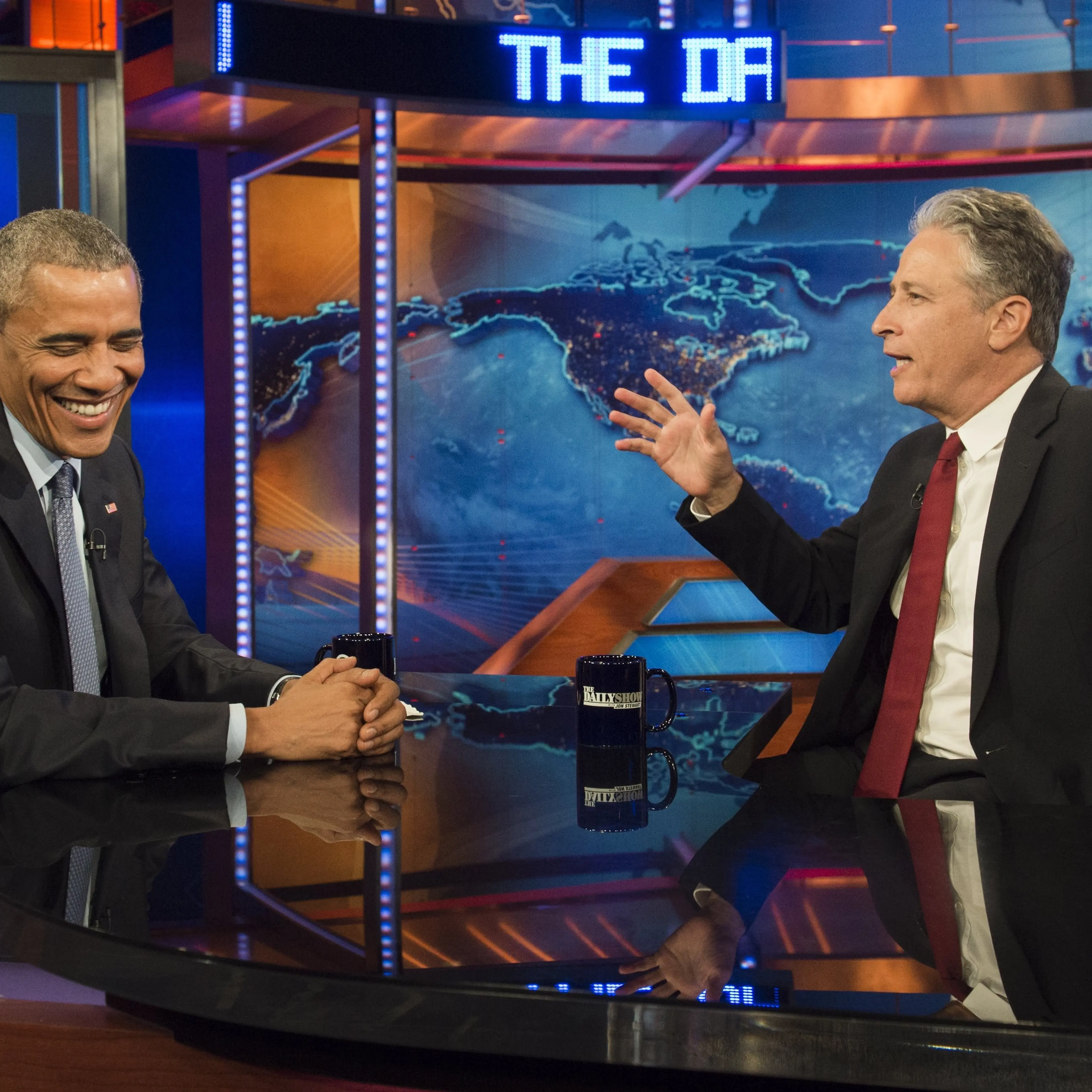 US President Barack Obama speaks with Jon Stewart, host of "The Daily Show with Jon Stewart," during a taping of the show in New York on July 21, 2015.