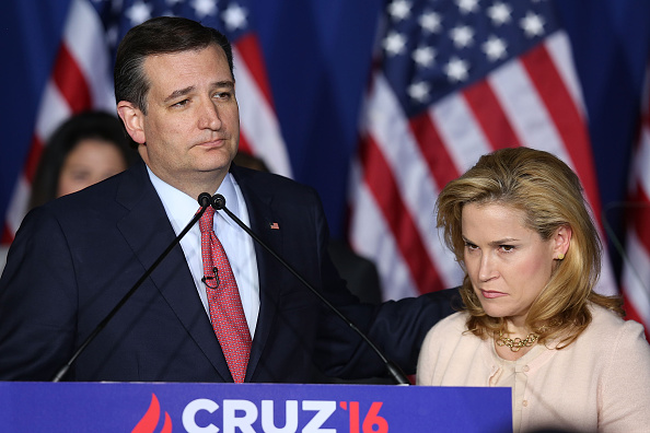 Republican presidential candidate, Sen. Ted Cruz (R-TX) announces the suspension of his campaign as wife Heidi Cruz looks on during an election night watch party at the Crowne Plaza Downtown Union Station on May 3, 2016 in Indianapolis, Indiana.
