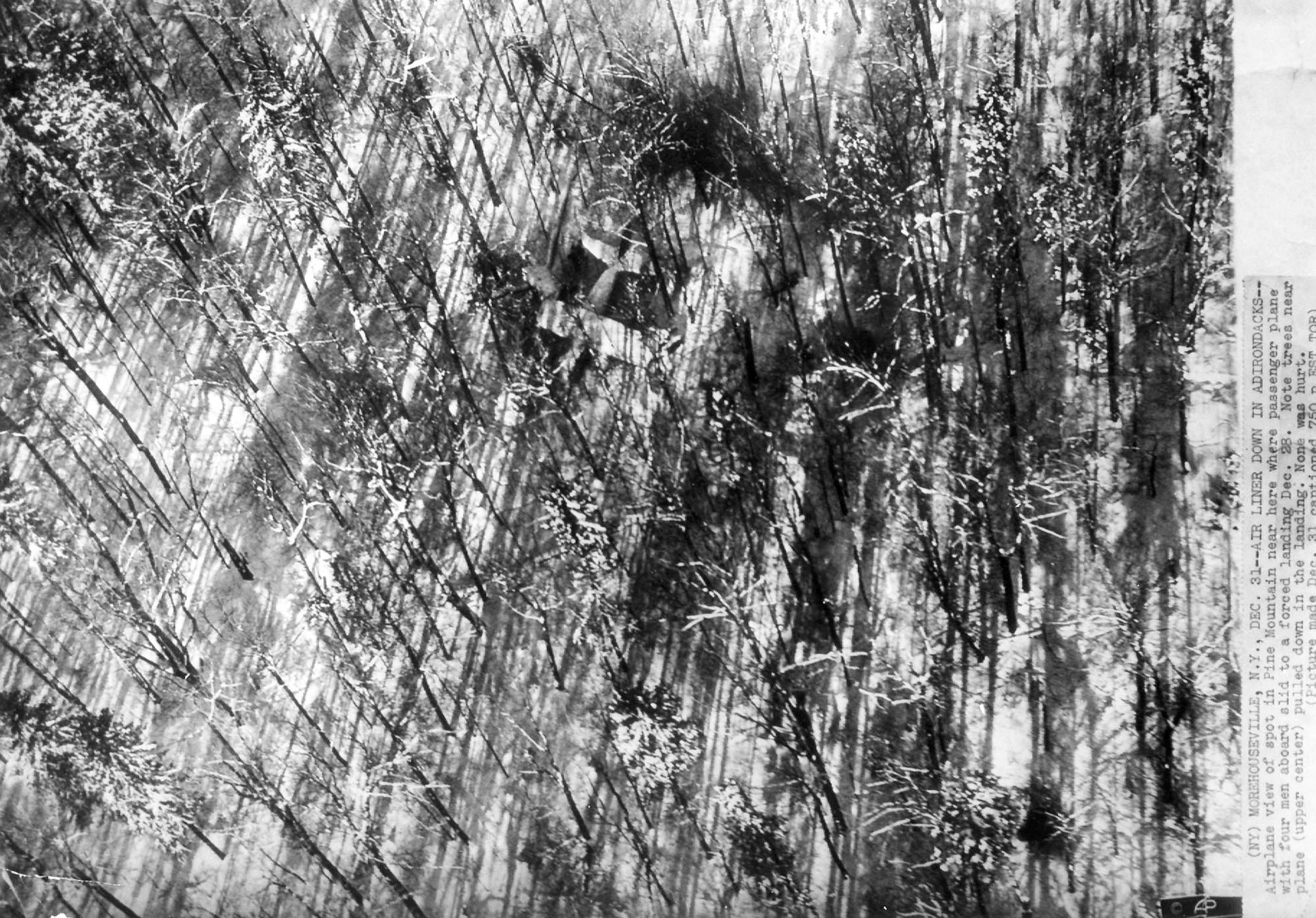 The first AP Wirephoto: The wreckage of a small plane lies in a wooded area near Morehousville, N.Y., on Dec. 31, 1934.