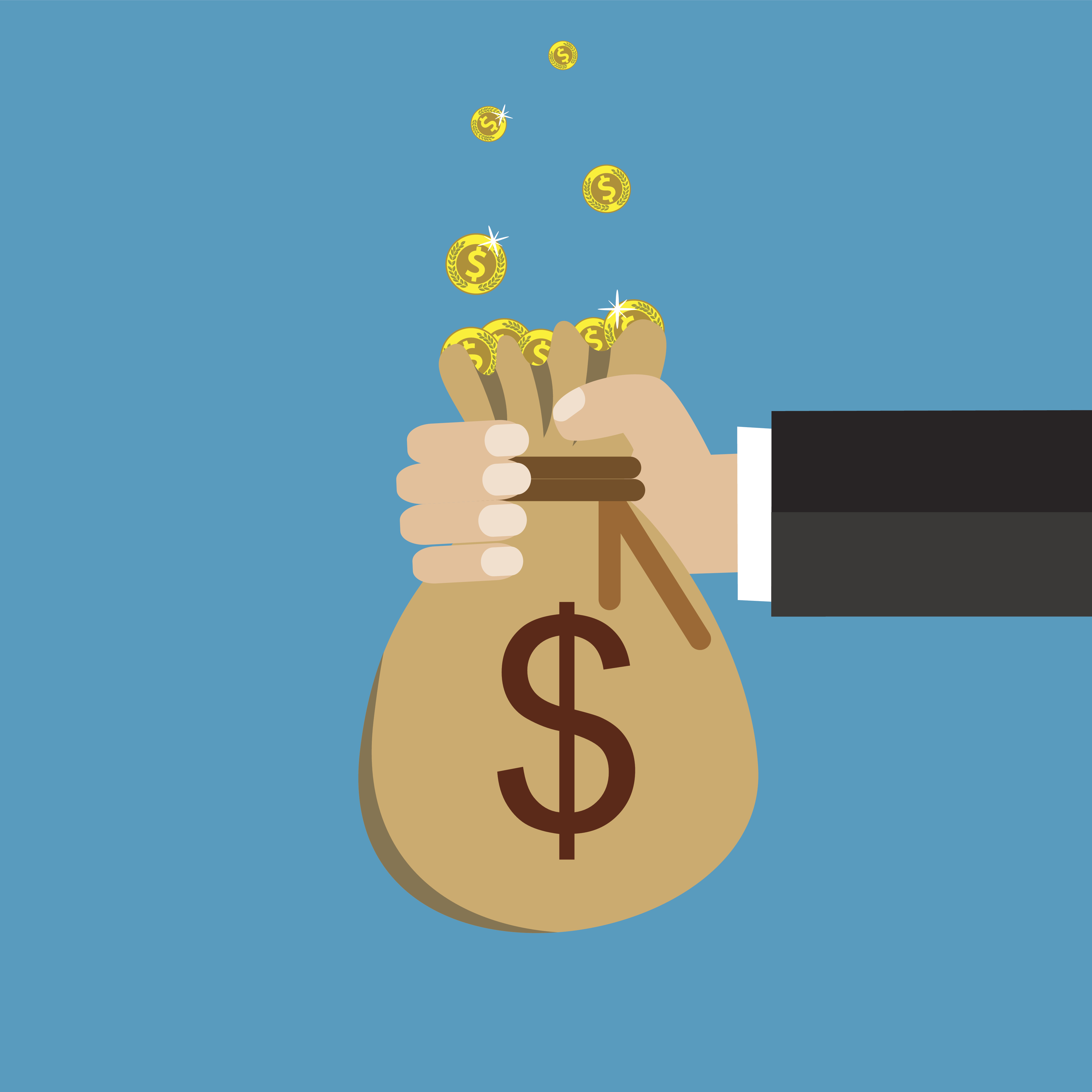 Flat background with hand and money bag.