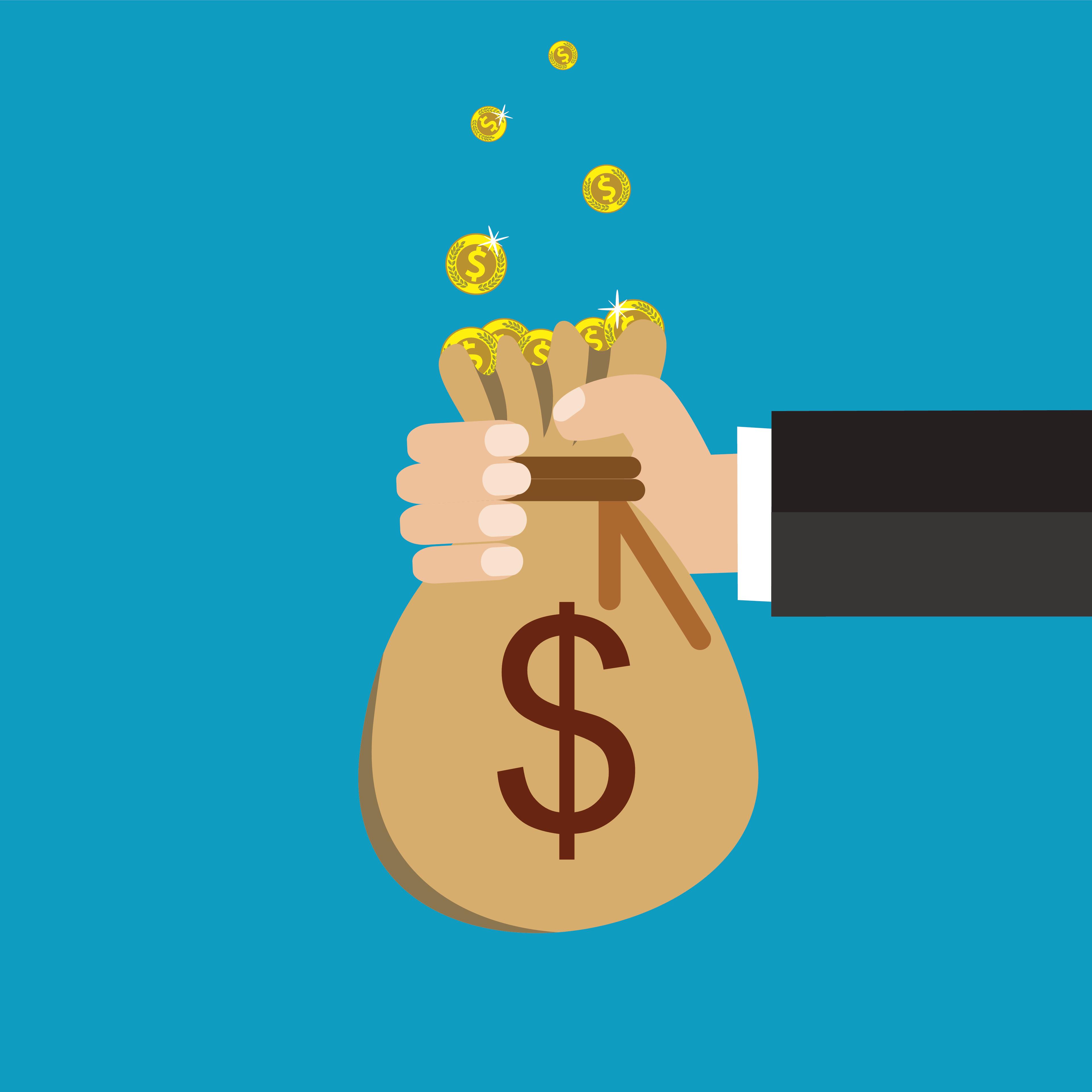 Flat background with hand and money bag.