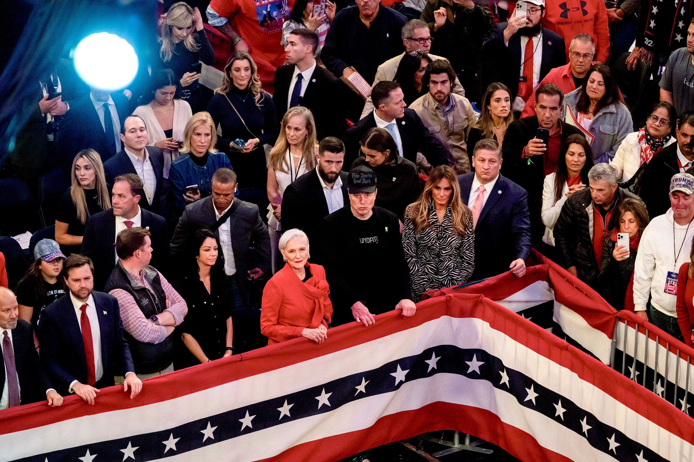 Former First Lady Melania Trump, center right, and Elon Musk, during a Trump campaign event at Madison Square Garden in New York, on Oct. 27