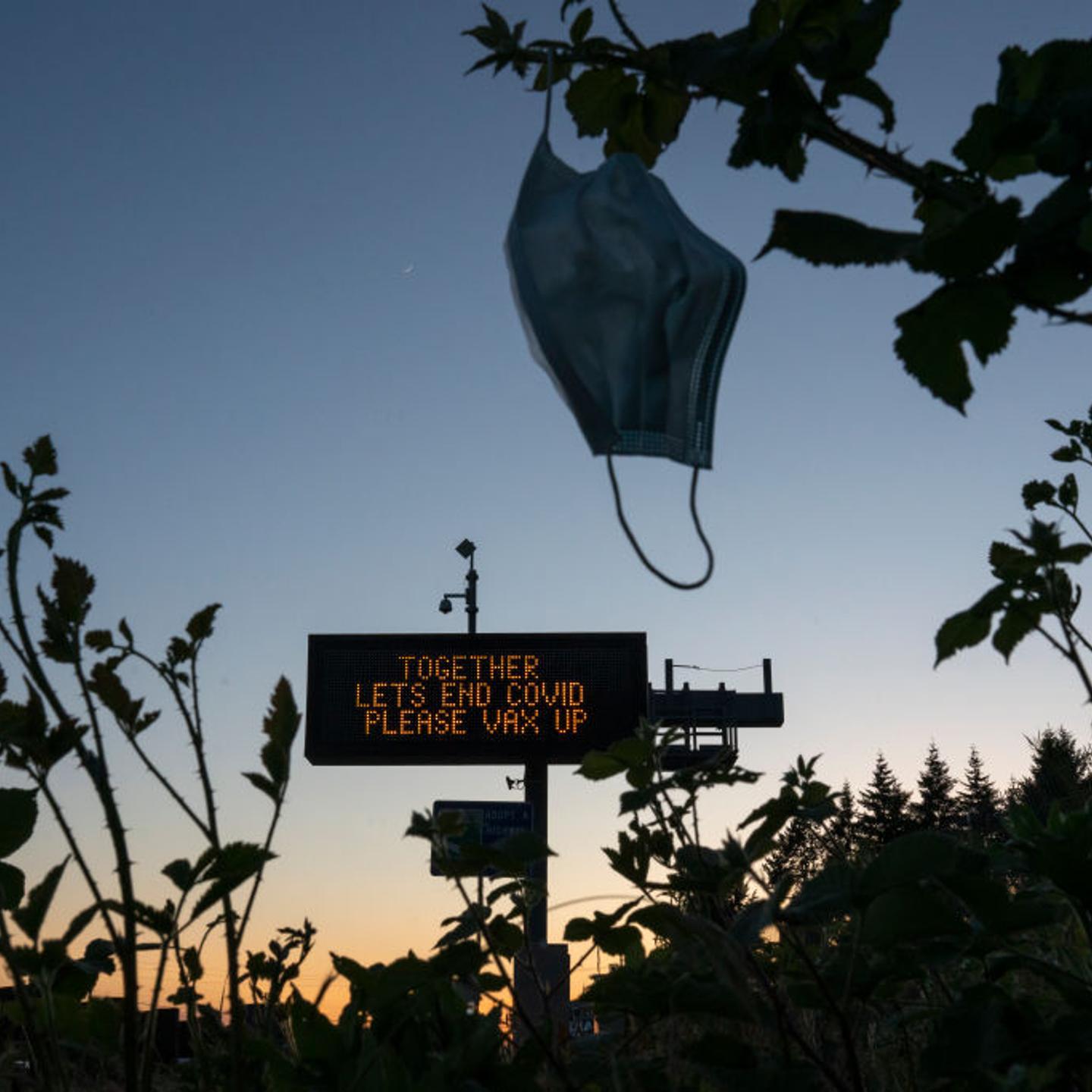 A digital highway sign promotes COVID-19 vaccination on May 14, 2021 in Vancouver, Washington.
