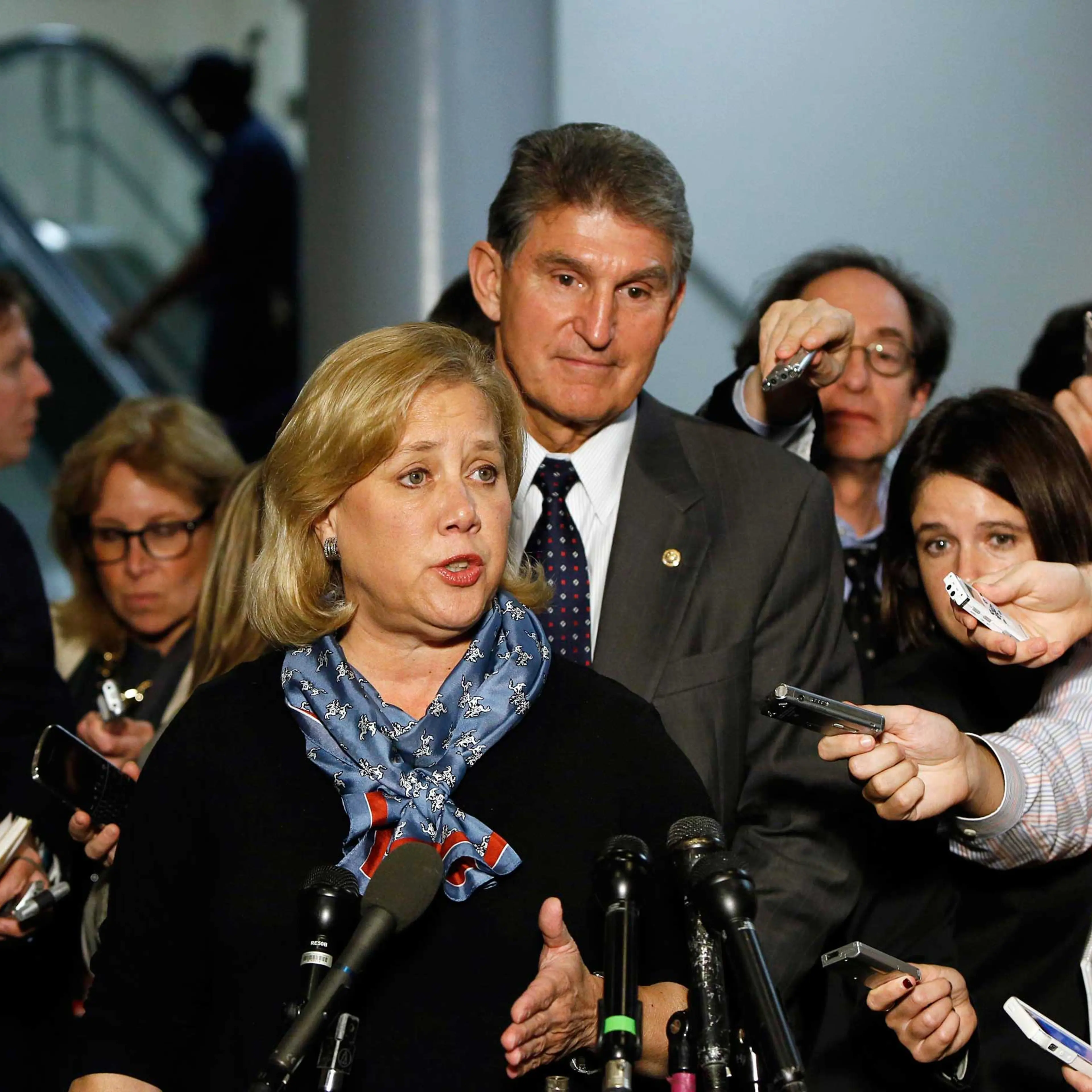 Senator Mary Landrieu (D-LA) holds a news conference with fellow committee member Senator Joe Manchin (D-WV) on the Keystone XL pipeline in Washington on Nov. 12, 2014.