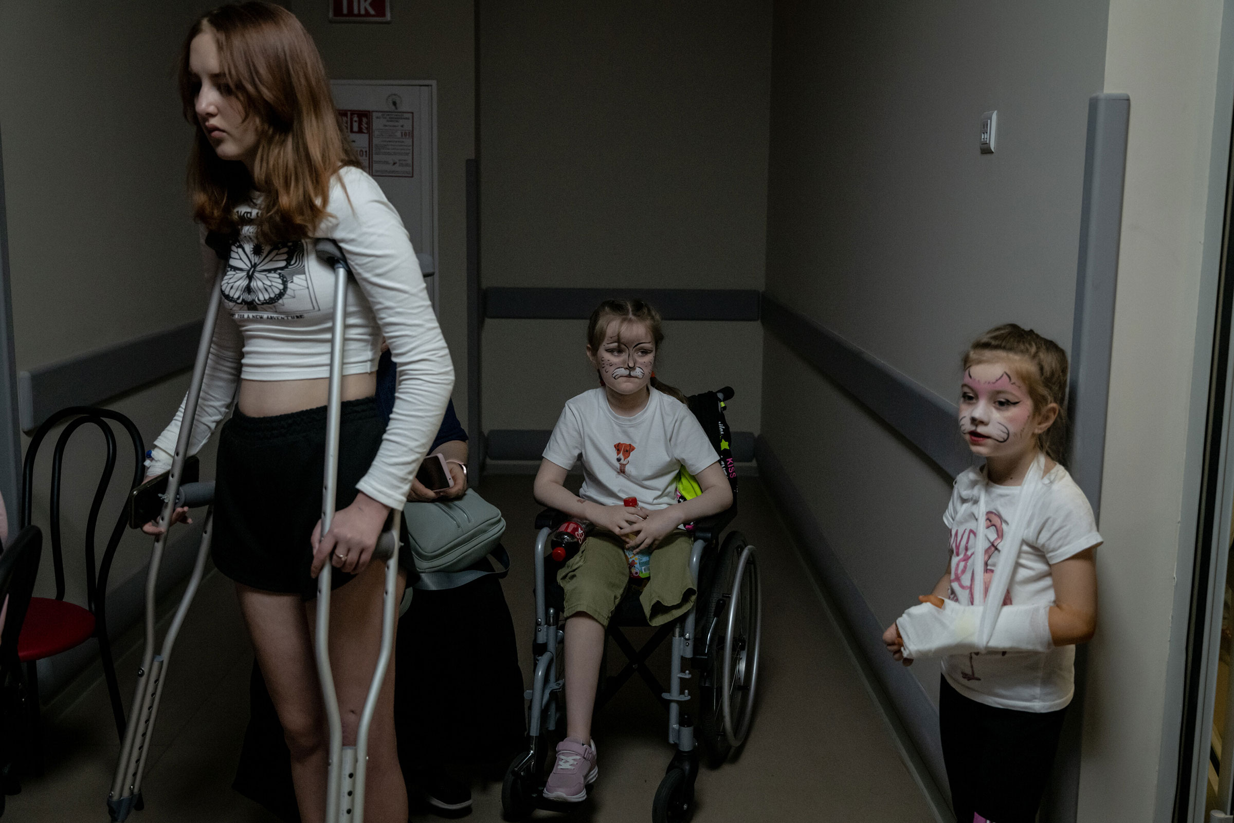 Young patients of Okhmatdyt Children's Hospital, their faces painted, gather in the hospital's shelter, in Kyiv, Ukraine, on June 1.