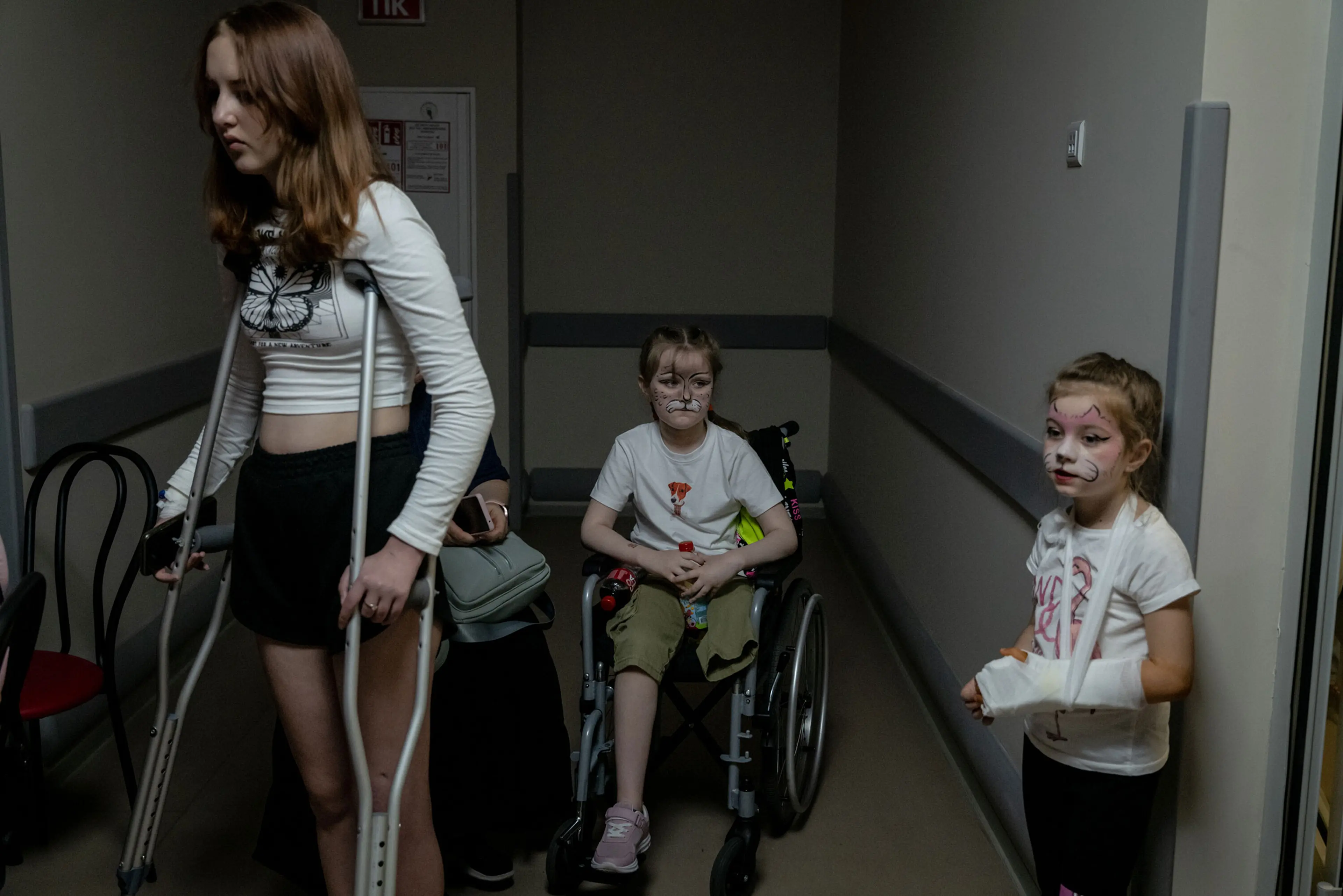 Young patients of Okhmatdyt Children's Hospital, their faces painted, gather in the hospital's shelter, in Kyiv, Ukraine, on June 1.