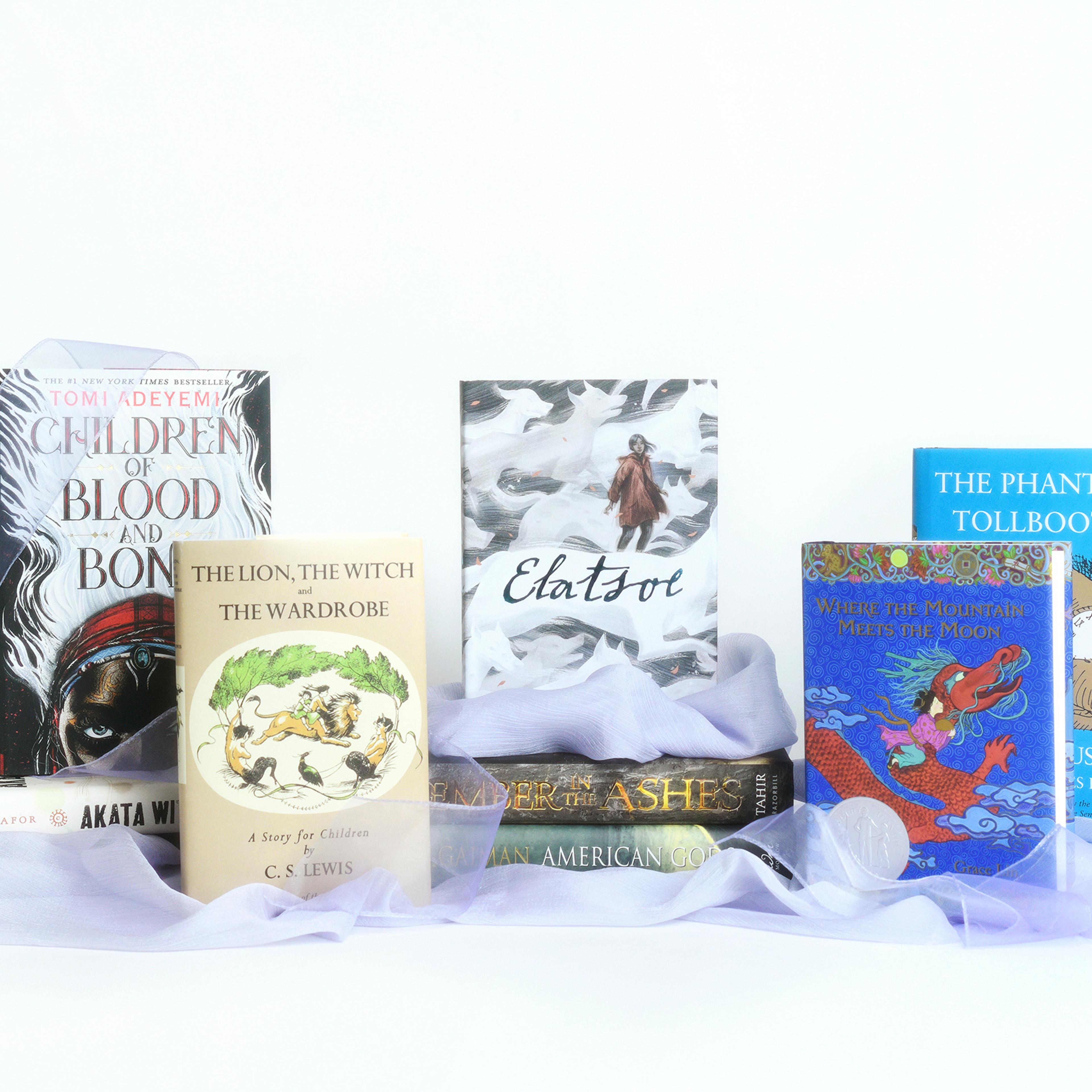 A collection of fantasy books surrounded by violet colored chiffon