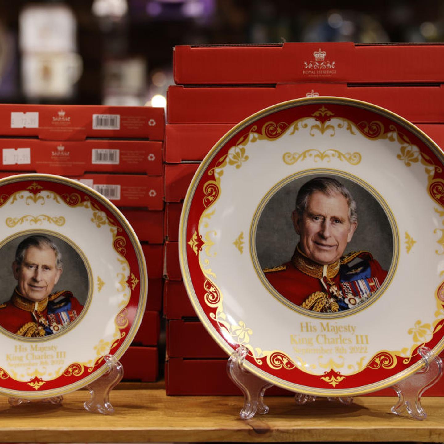 King Charles III plates for sale ahead of his Coronation on April 9, 2023 in London.