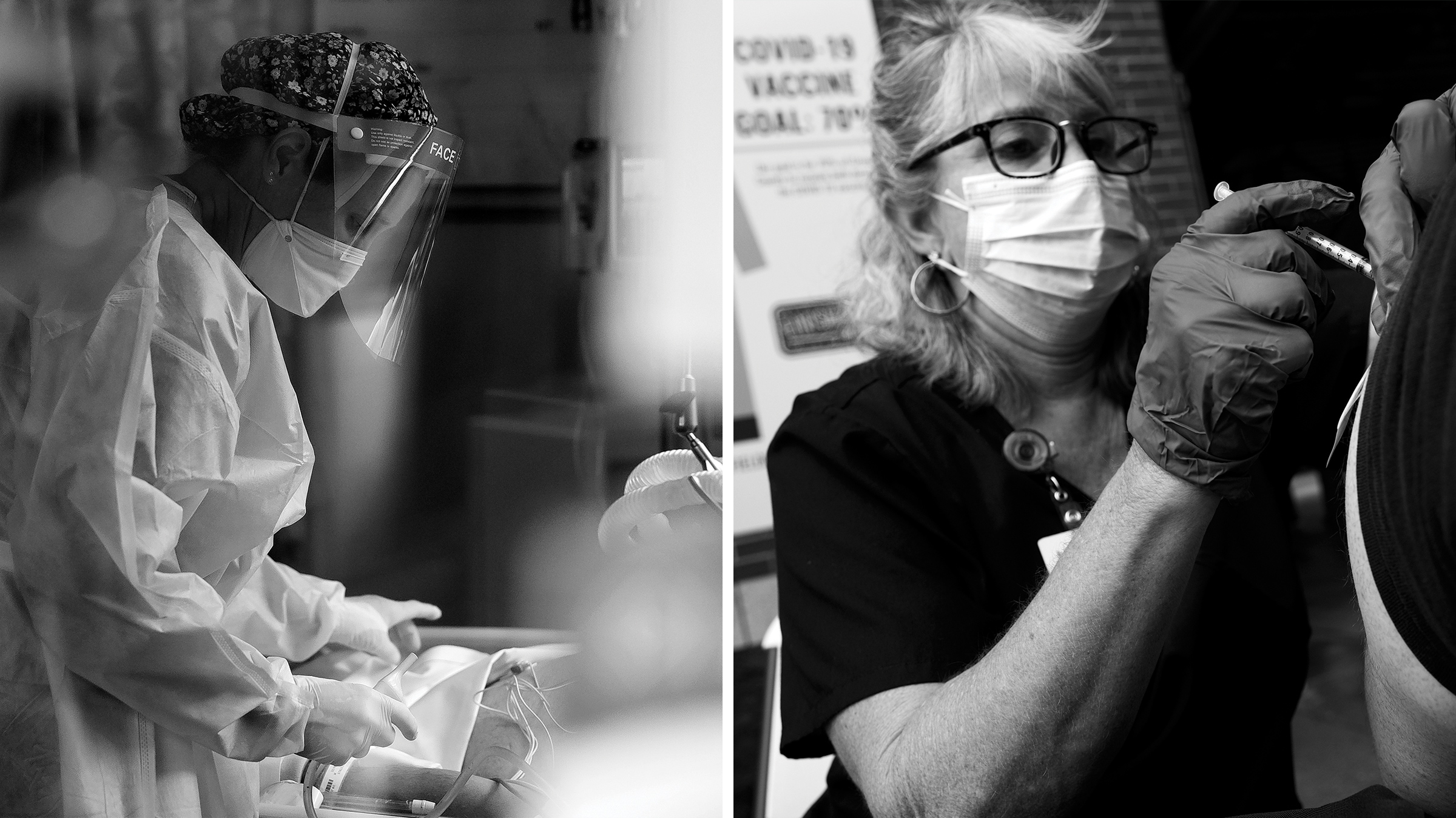 A healthcare worker (left) treats a patient while A nurse (right) administers the Covid-19 vaccine.