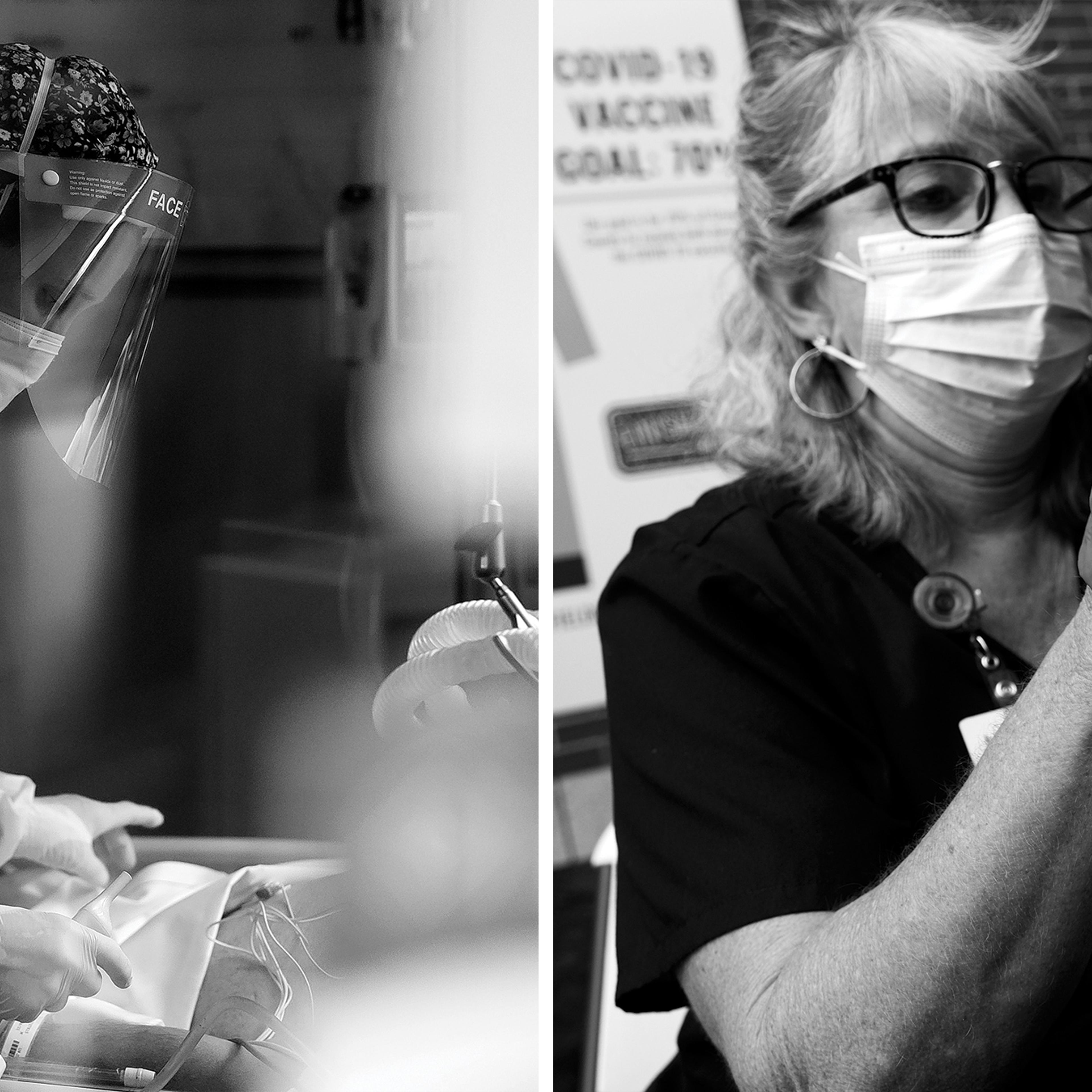 A healthcare worker (left) treats a patient while A nurse (right) administers the Covid-19 vaccine.