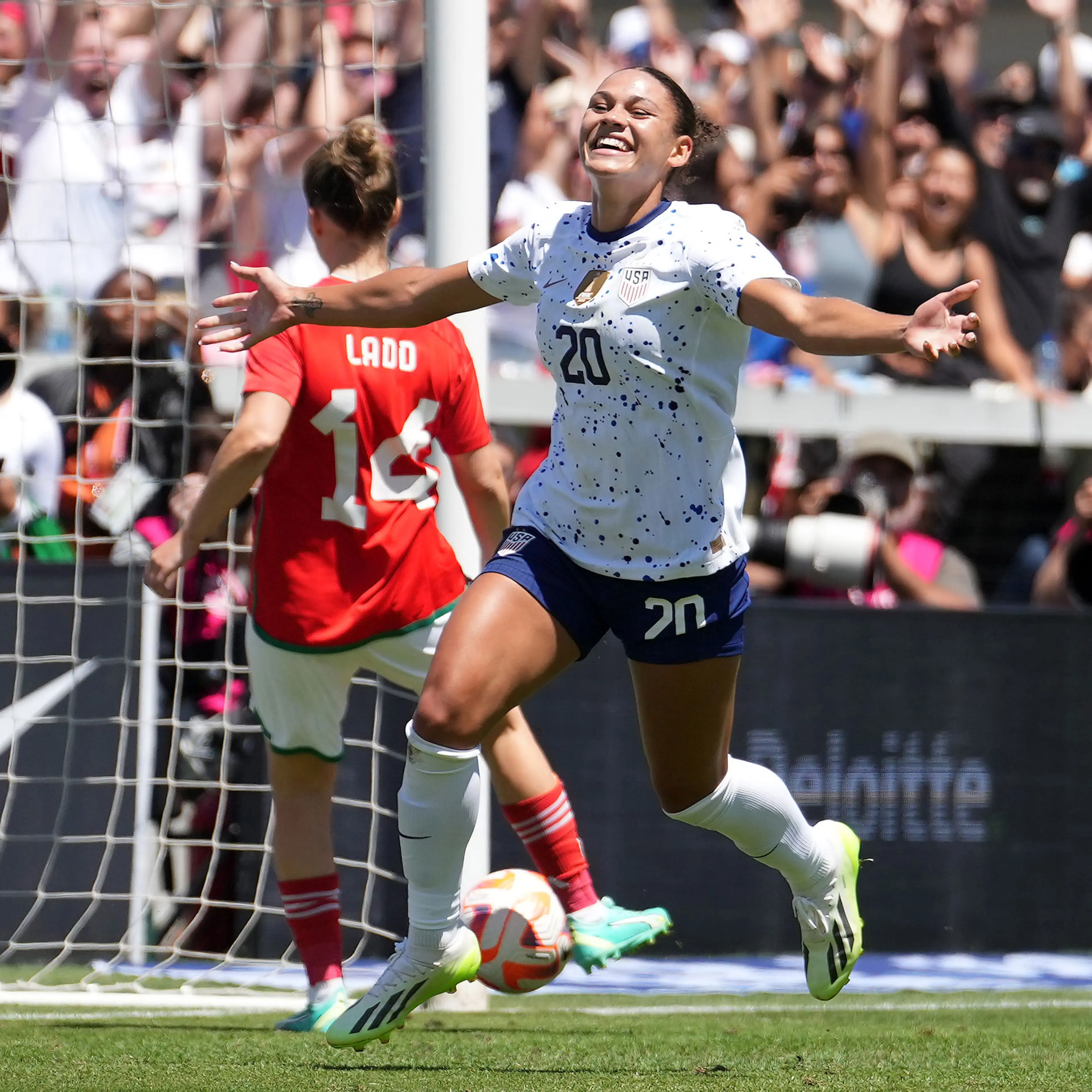 Trinity Rodman celebrates scoring during an international friendly against Wales