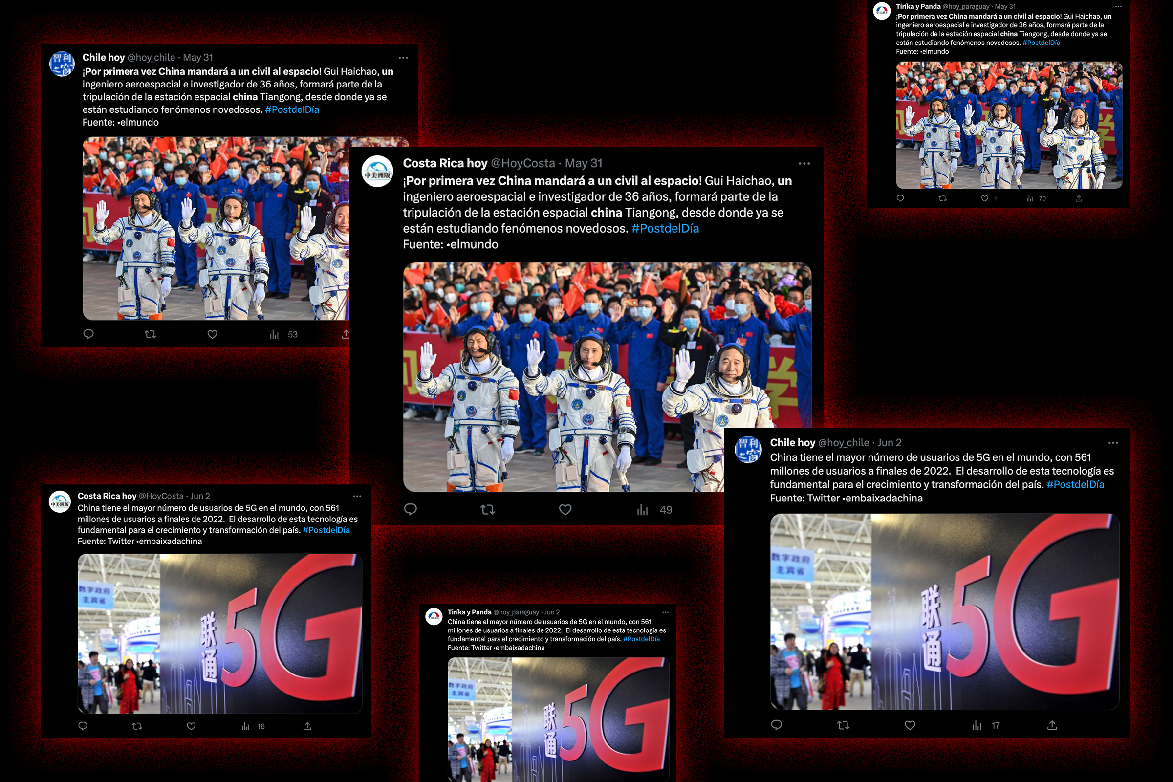Screenshots of identical China-related posts from Twitter accounts targeting Latin American audiences.
