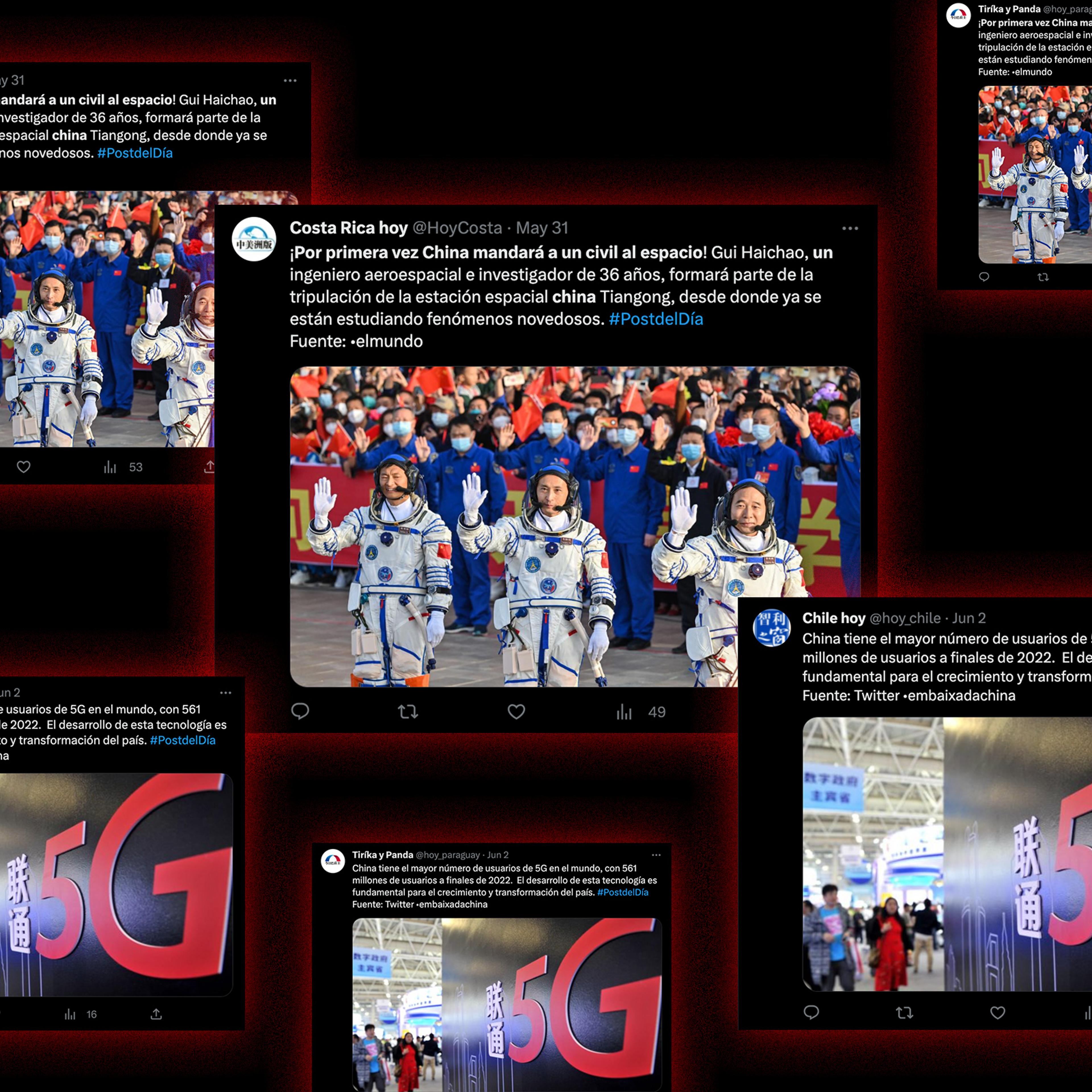 Screenshots of identical China-related posts from Twitter accounts targeting Latin American audiences.