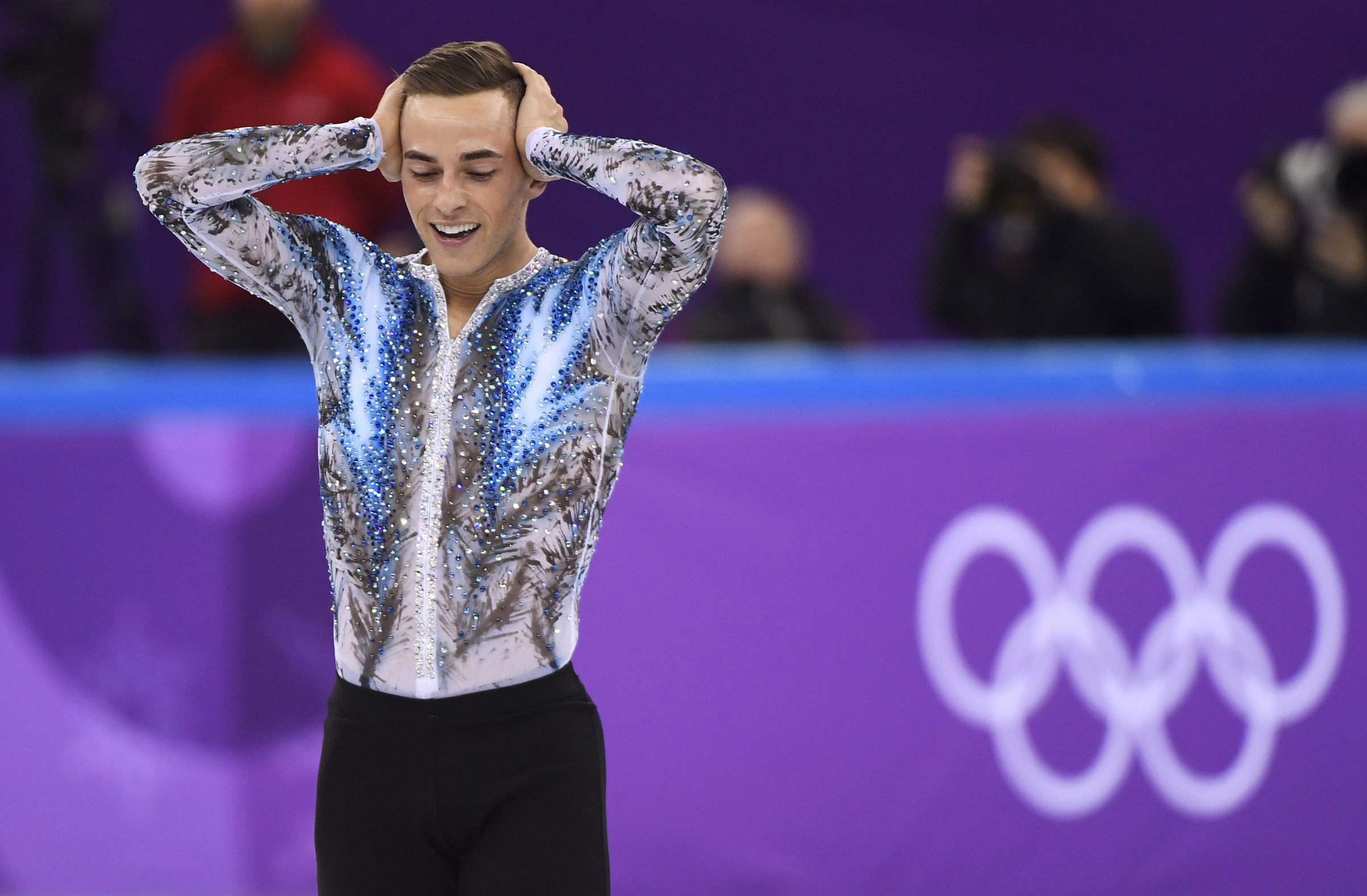 Adam Rippon of the United States reacts after his performance in the men's single skating free skating in the Gangneung Ice Arena at the 2018 Winter Olympics in Gangneung, South Korea, on Feb. 12, 2018.