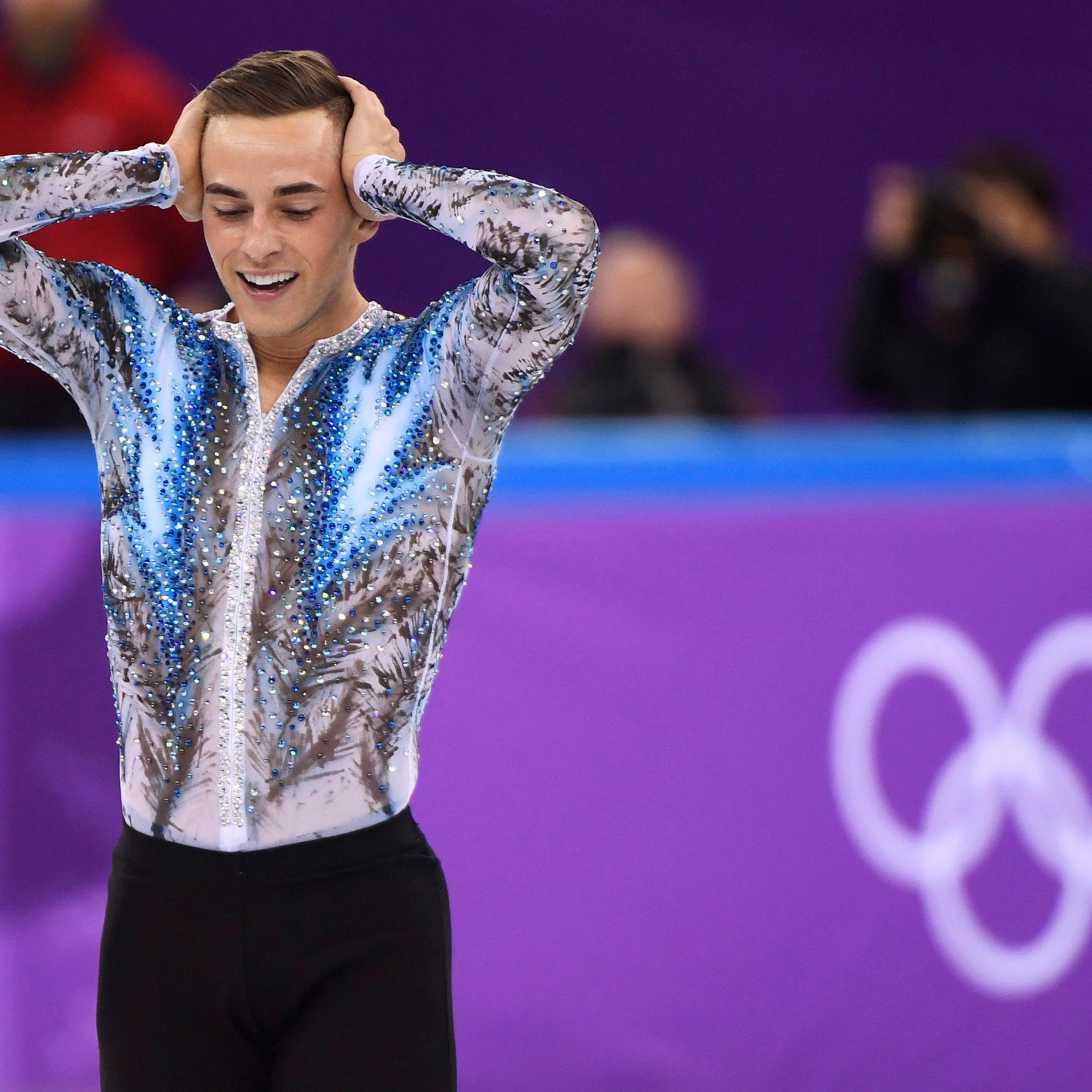 Adam Rippon of the United States reacts after his performance in the men's single skating free skating in the Gangneung Ice Arena at the 2018 Winter Olympics in Gangneung, South Korea, on Feb. 12, 2018.