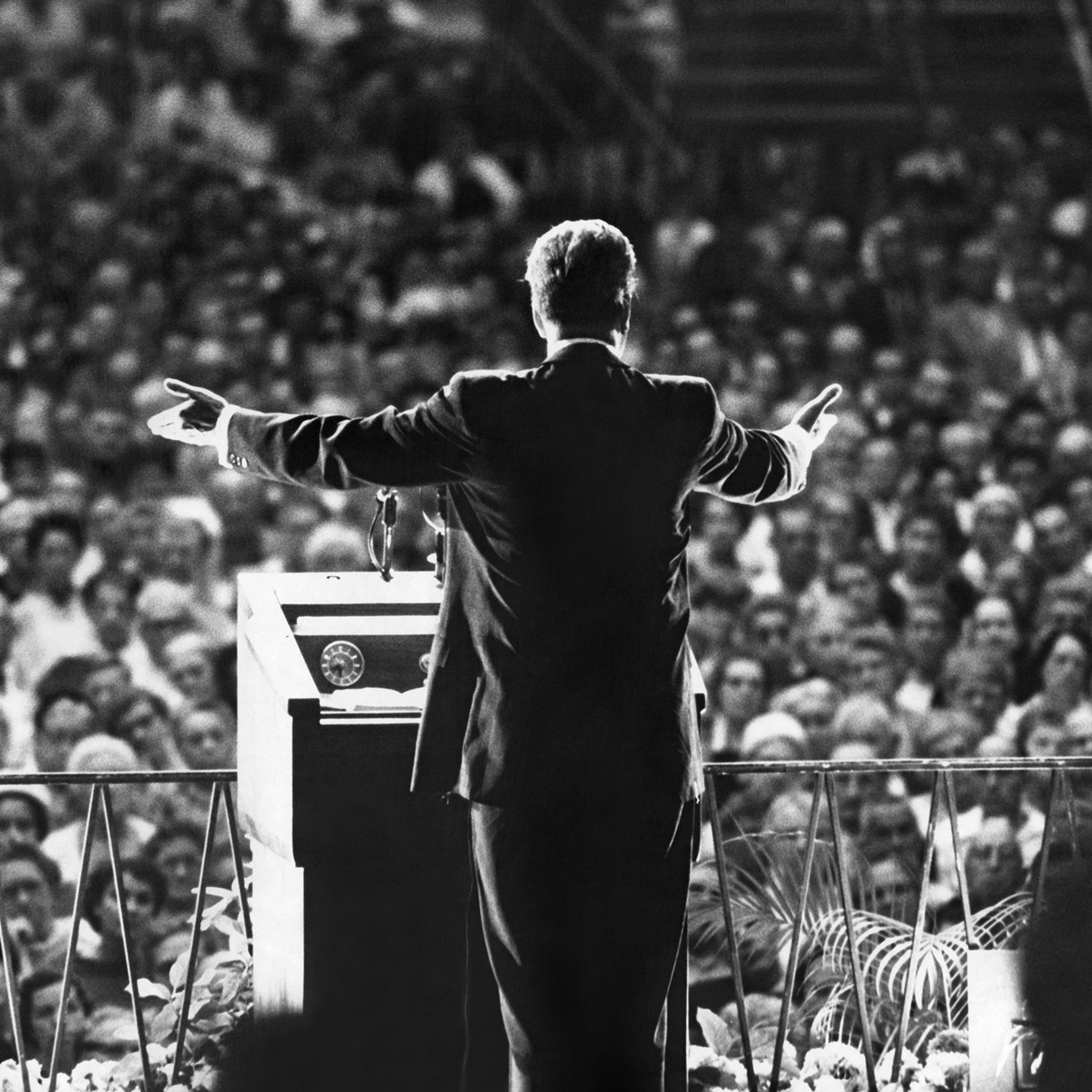Christian evangelist Billy Graham preaching at the Miami Beach Convention Hall on March 6, 1961 in Miami Beach, Florida, USA.