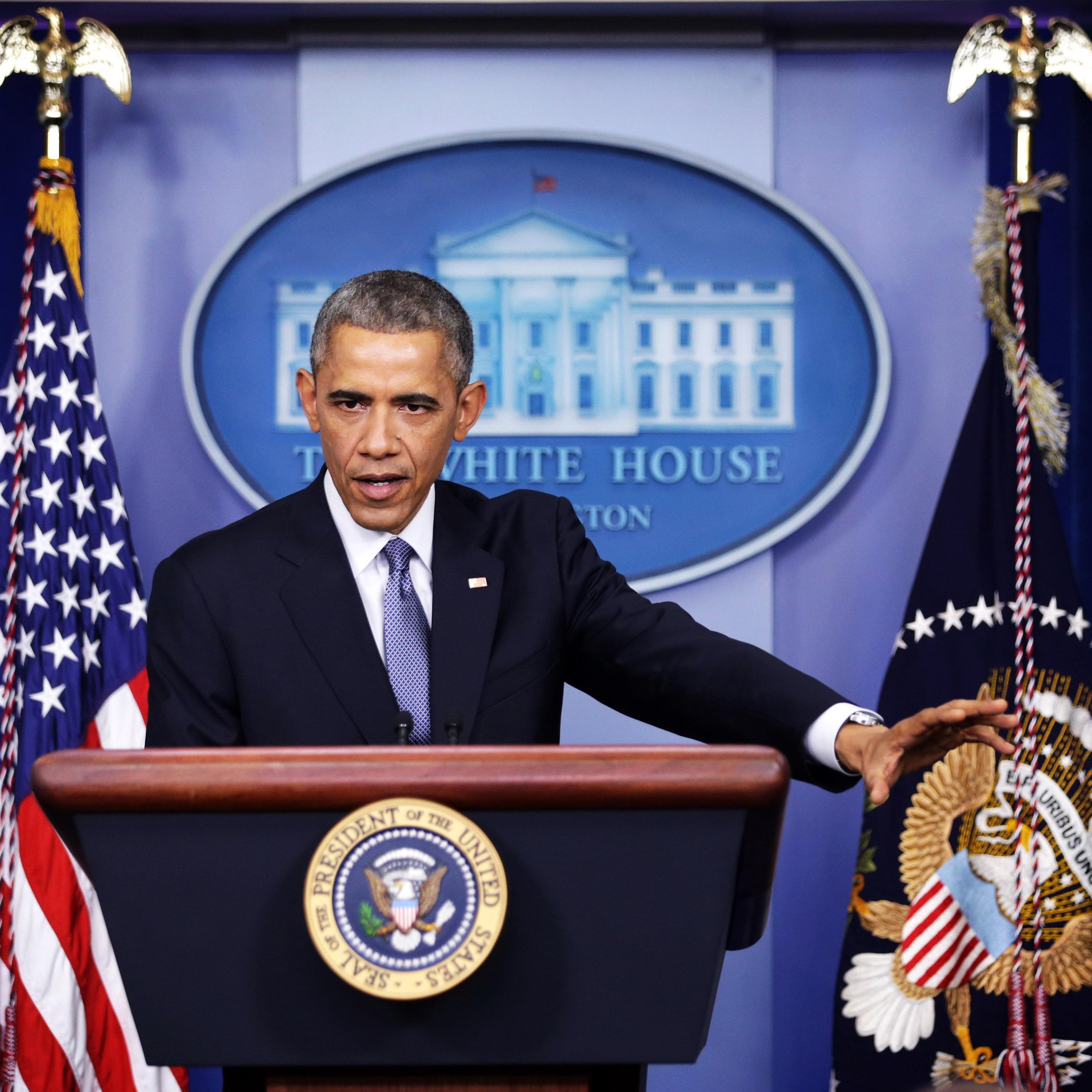 President Barack Obama speaks during his speech to members of the media during his last news conference of the year in the James Brady Press Briefing Room of the White House on Dec. 19, 2014 in Washington.