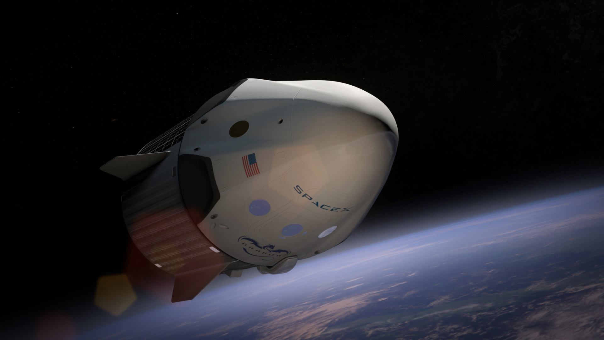 An artist's rendering of the Dragon V2 spacecraft in orbit. Elon Musk announced that in 2018 SpaceX will fly two private citizens to the moon in its Dragon spacecraft, Feb 27, 2017.