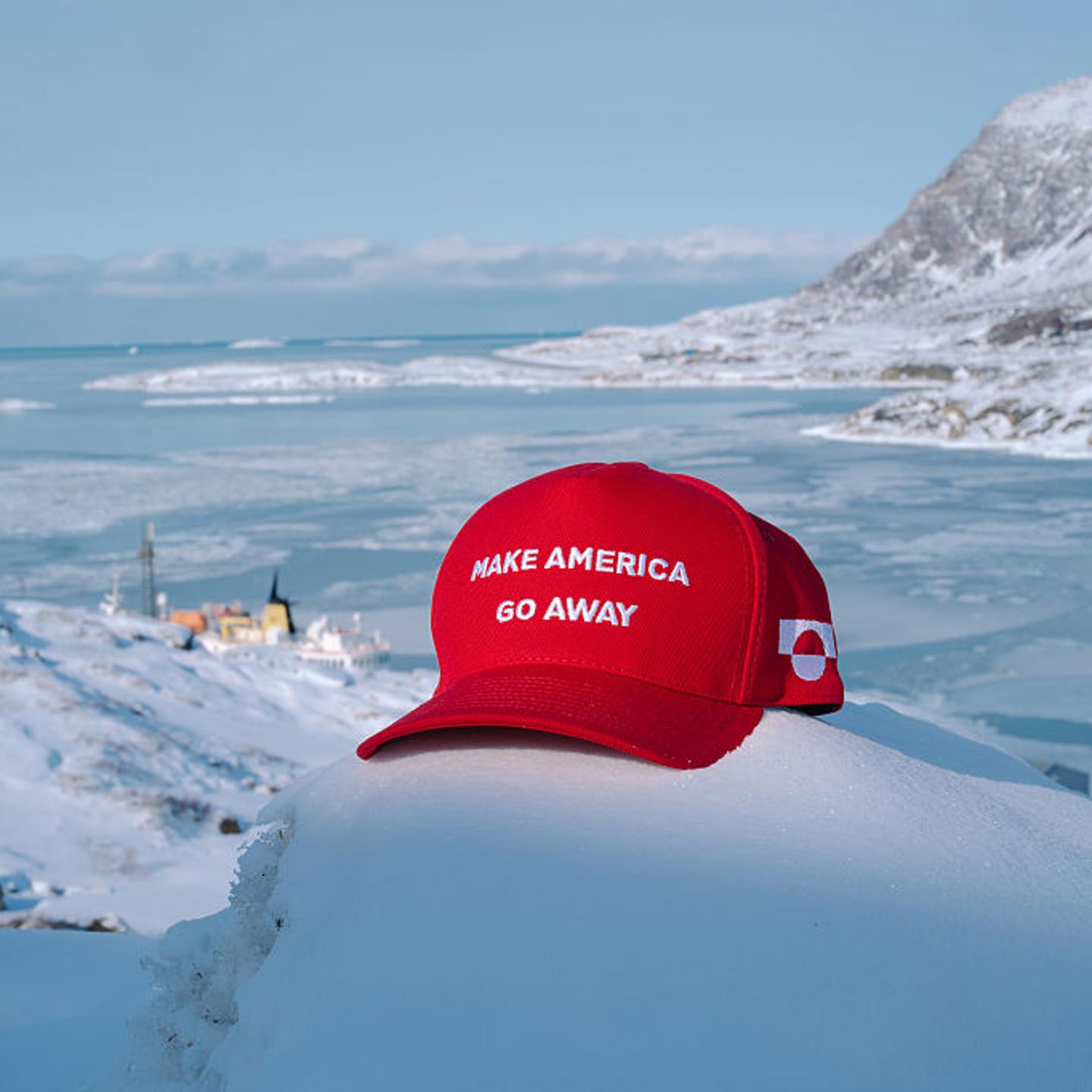 A "Make America Go Away" baseball cap, distributed for free by Danish artist Jens Martin Skibsted, arranged in Sisimiut, Greenland, on March 30, 2025.