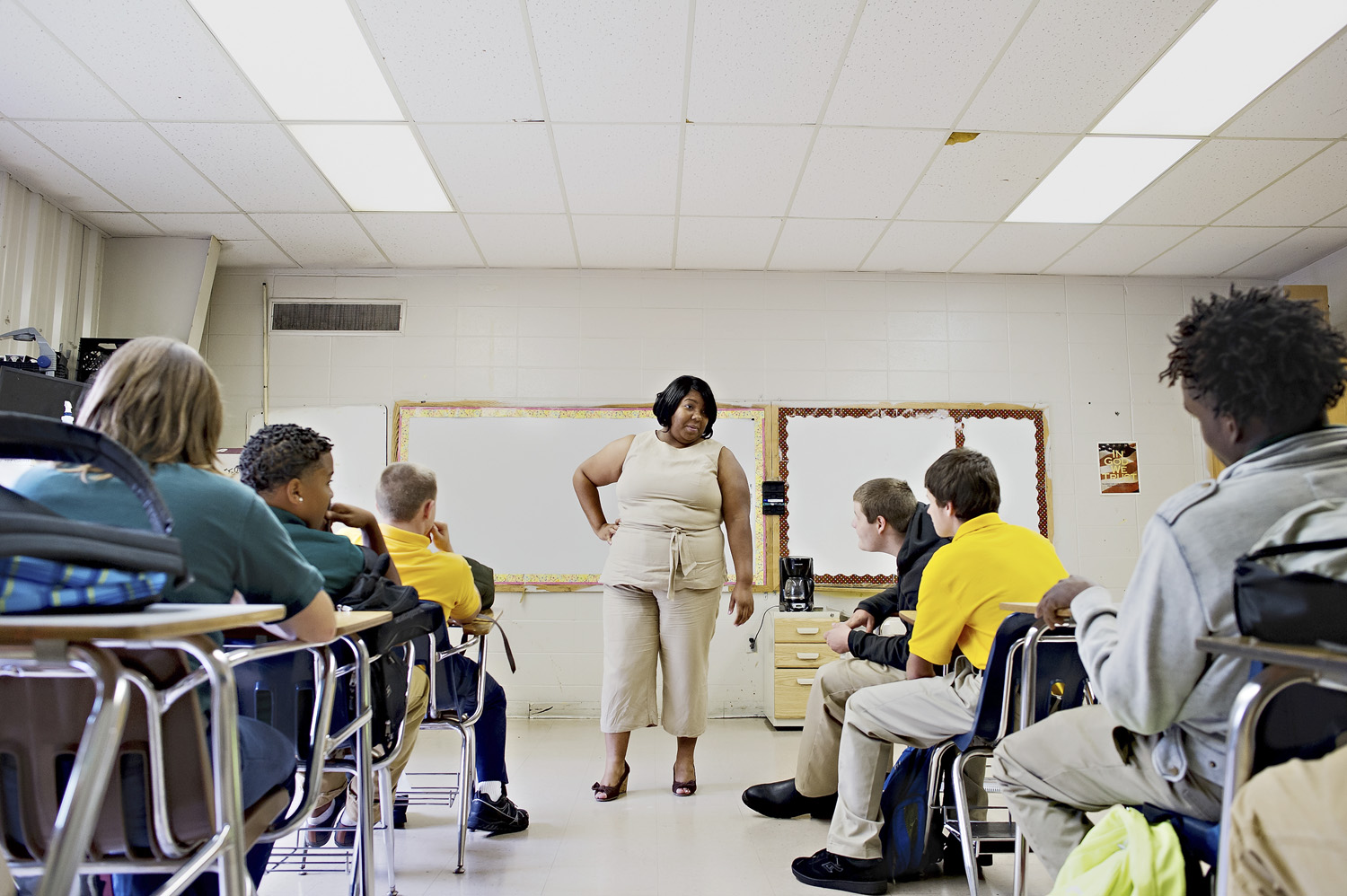 Special Education teacher Katrina Wiley talks to her students on the first day of classes at H.W. Byers High School in Holly Springs, Miss. on Monday, August 11, 2014. Wiley said she believes the new written portion of the Common Core tests will be the h