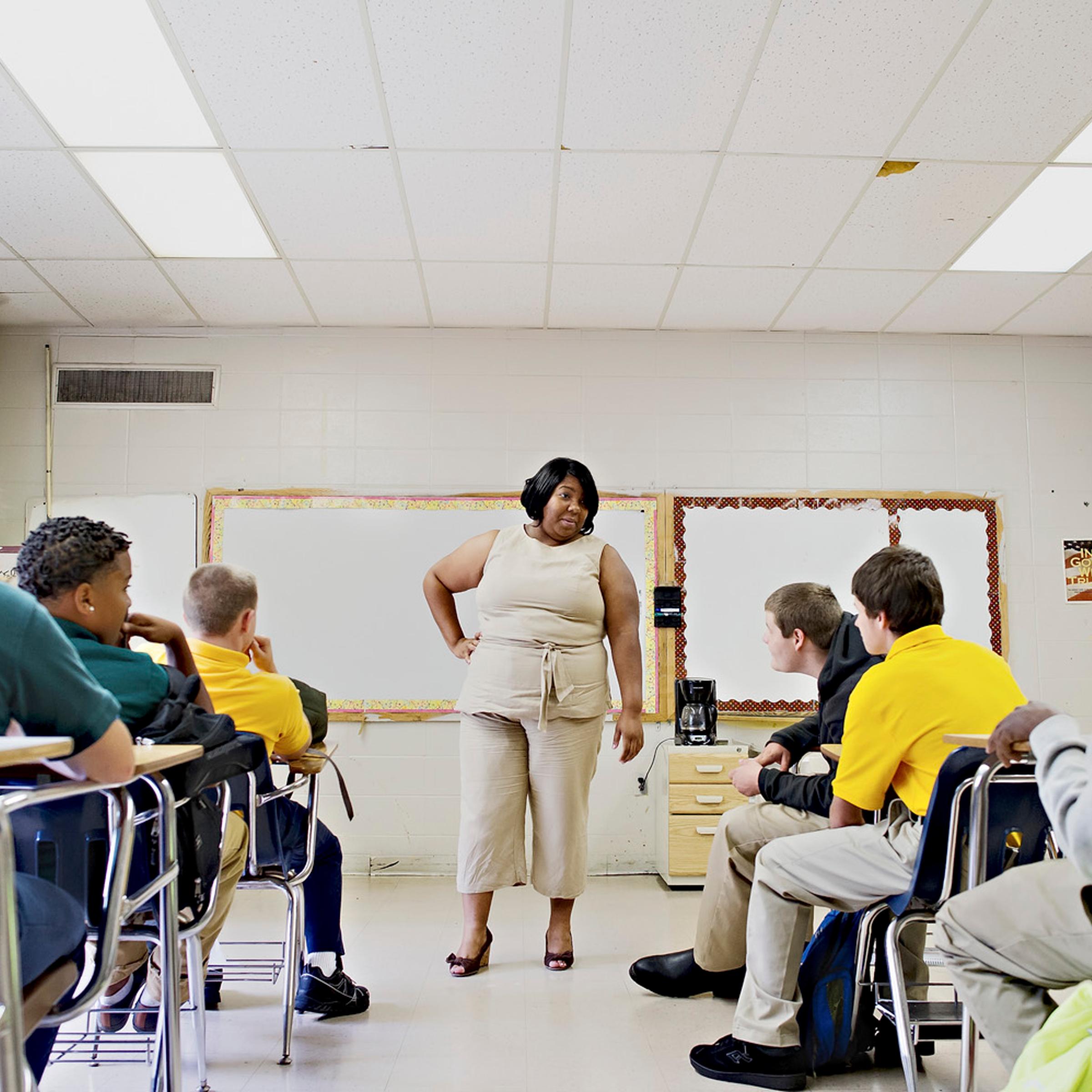 Special Education teacher Katrina Wiley talks to her students on the first day of classes at H.W. Byers High School in Holly Springs, Miss. on Monday, August 11, 2014. Wiley said she believes the new written portion of the Common Core tests will be the h