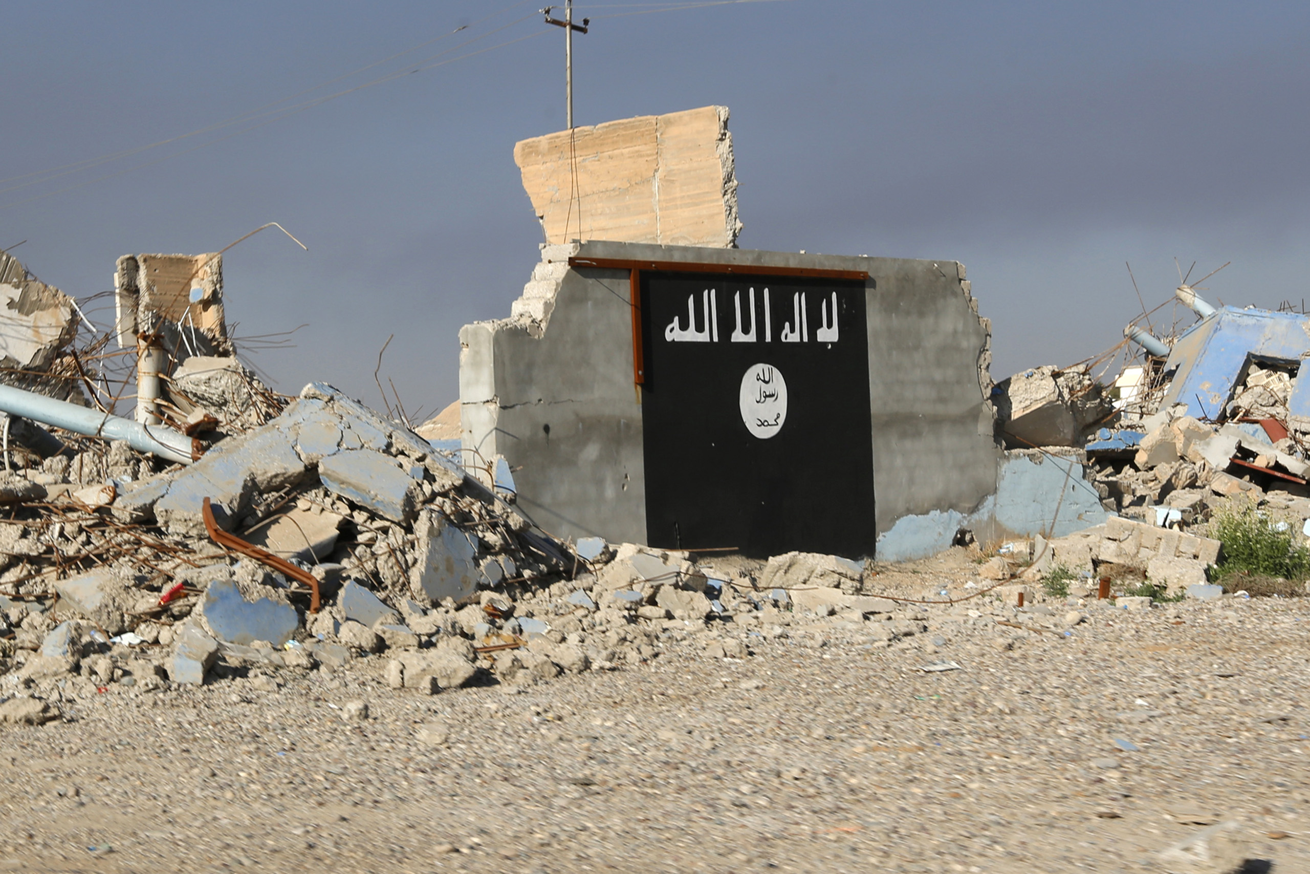 A destroyed building with a wall painted with the black flag commonly used by Islamic State militants, is seen in the town of al-Alam March 10, 2015.