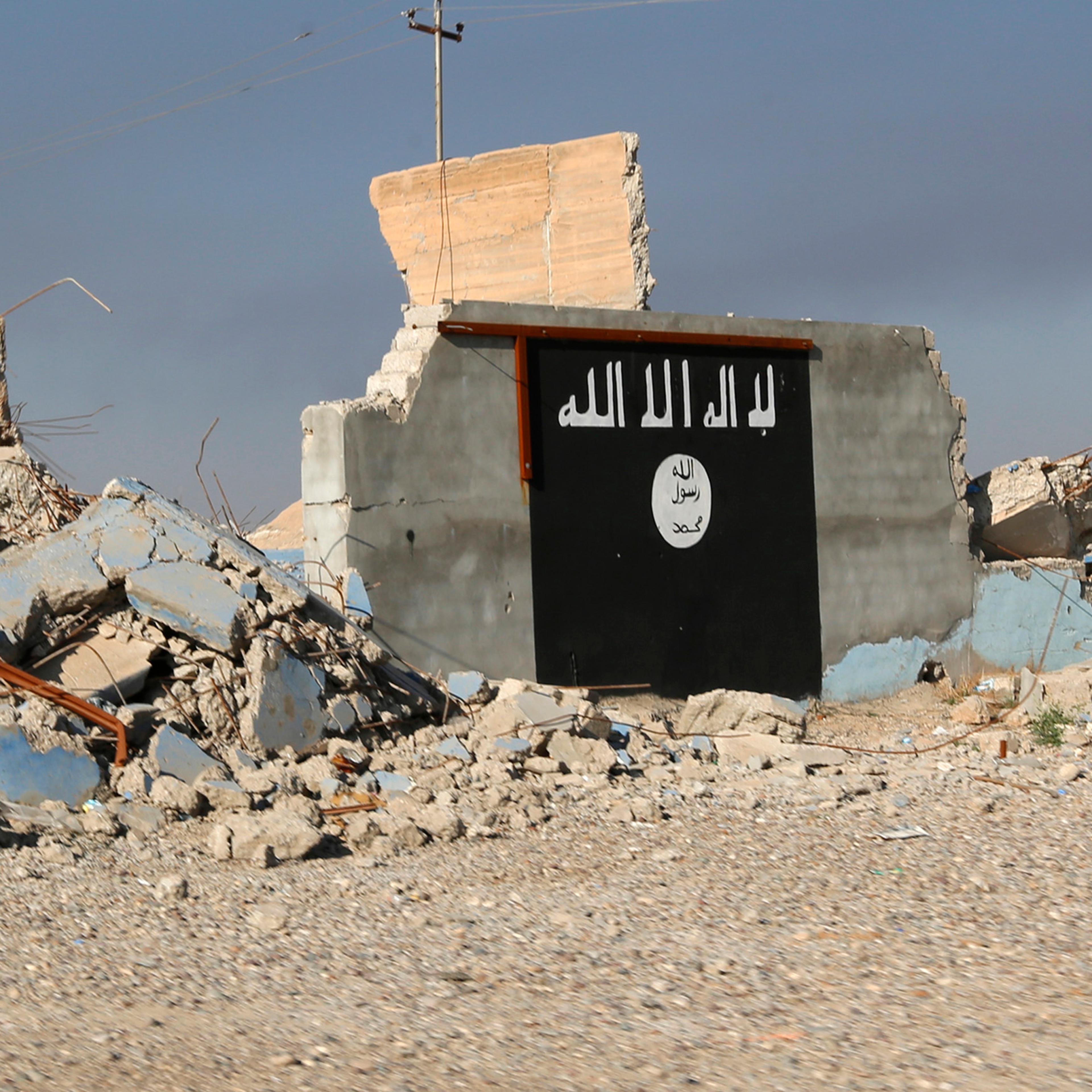 A destroyed building with a wall painted with the black flag commonly used by Islamic State militants, is seen in the town of al-Alam March 10, 2015.