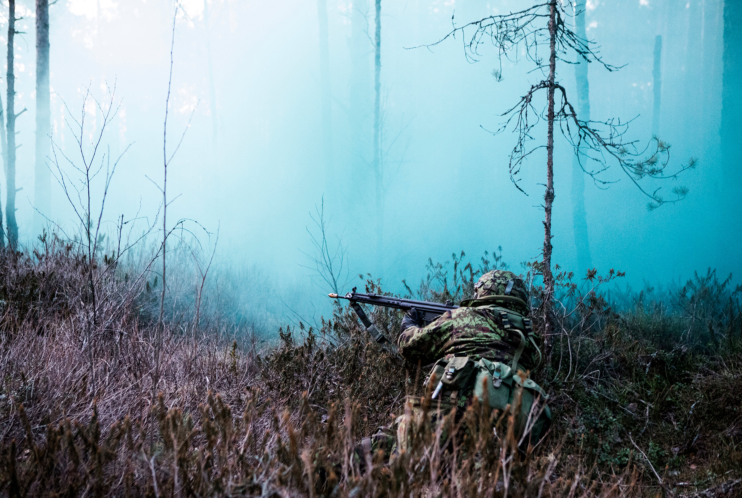 A member of the Estonian Defense League in the forests of Klooga, Estonia on March 27.